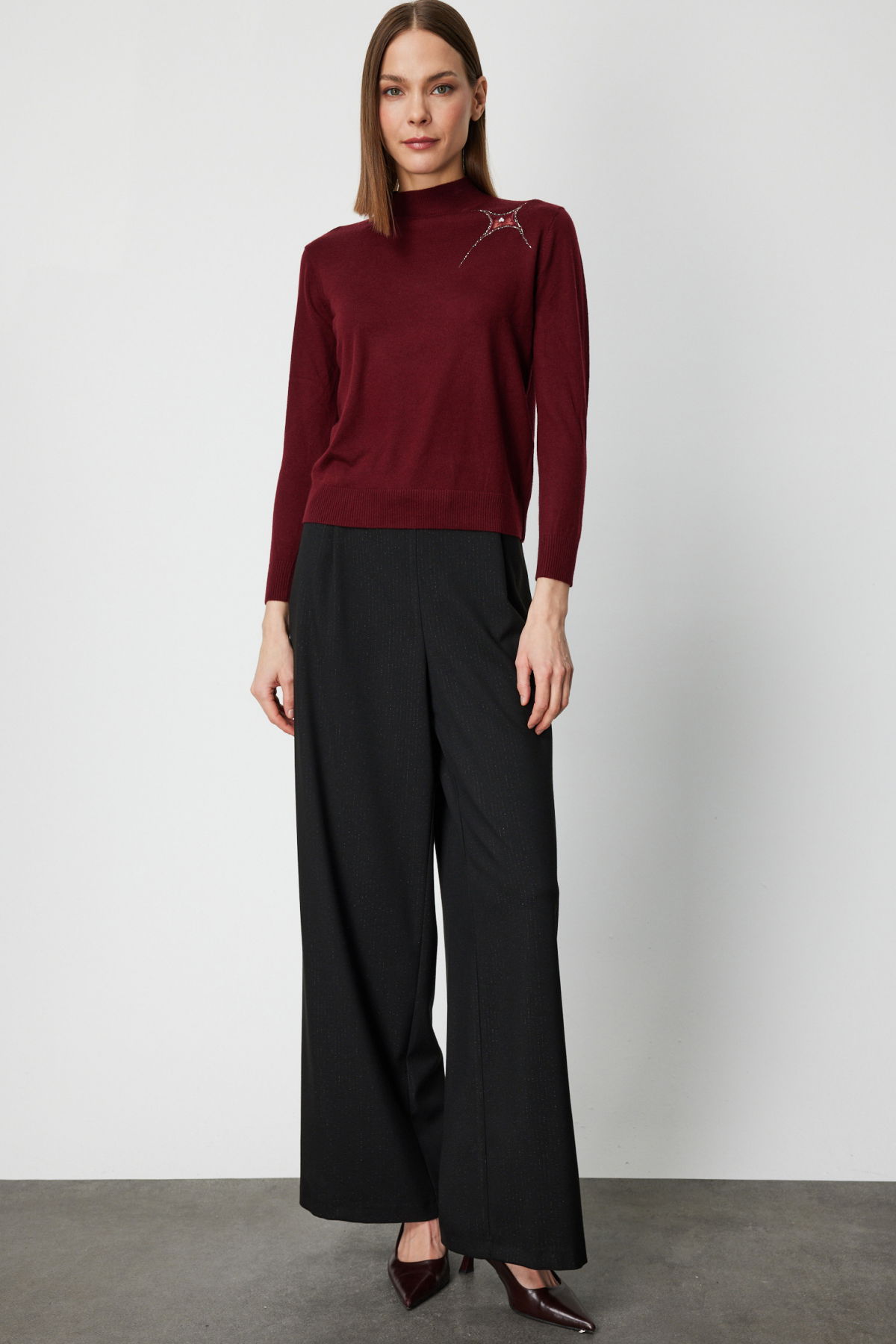 On Kadın Omzu Taş Detaylı Triko Kazak 60453 Bordo - 3