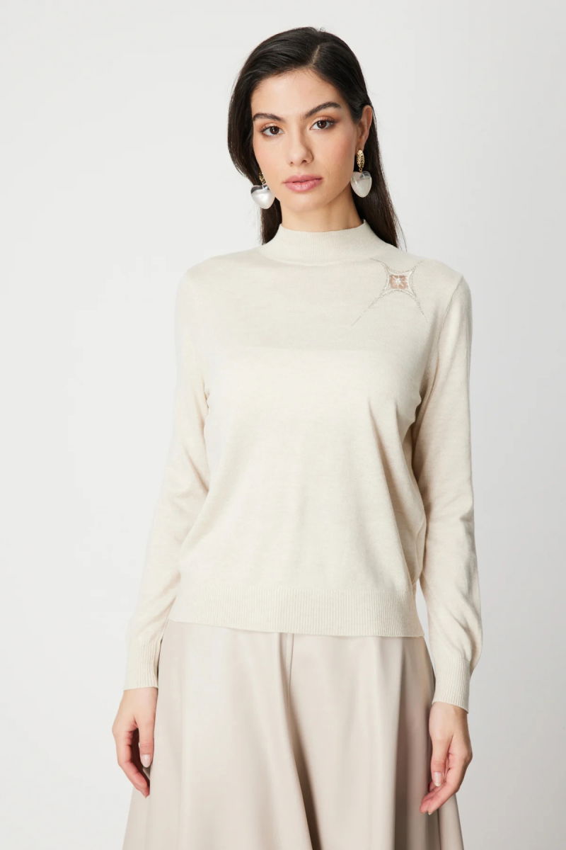 On Kadın Omzu Taş Detaylı Triko Kazak 60453 Ekru 