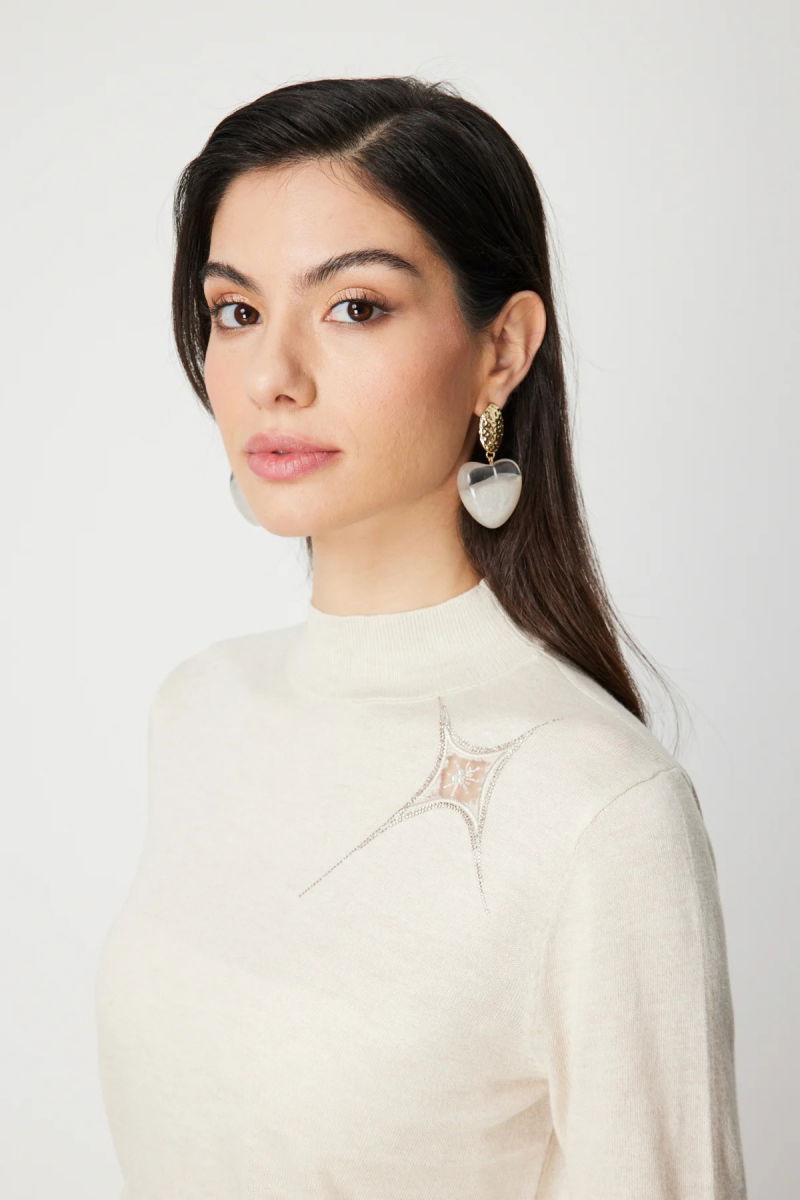 On Kadın Omzu Taş Detaylı Triko Kazak 60453 Ekru - 2