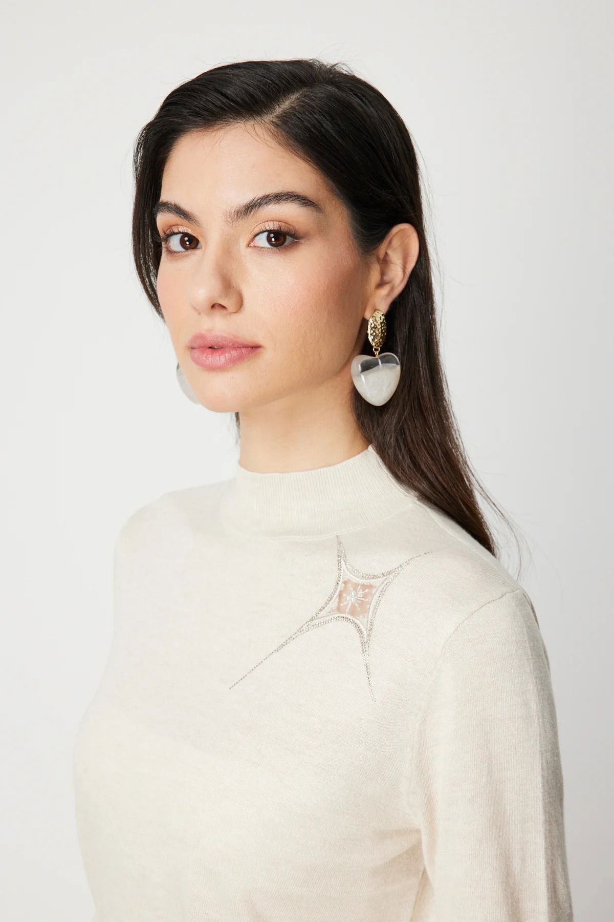 On Kadın Omzu Taş Detaylı Triko Kazak 60453 Ekru - 2