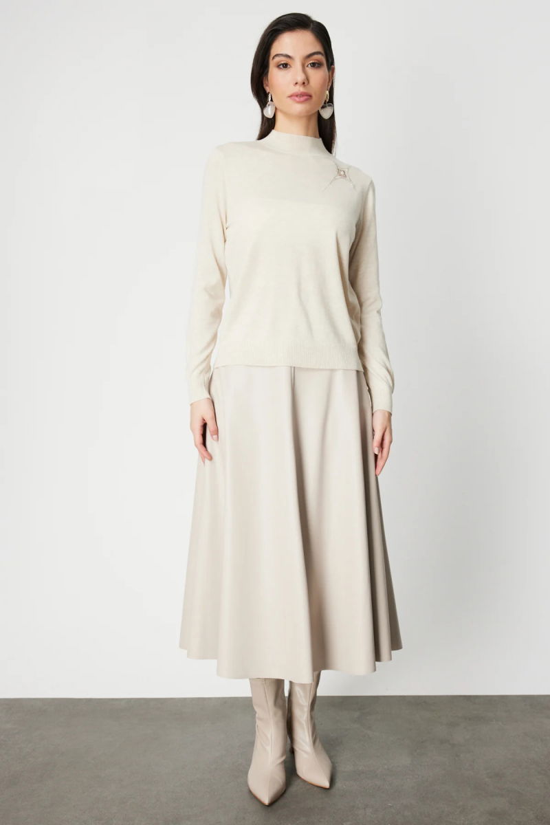 On Kadın Omzu Taş Detaylı Triko Kazak 60453 Ekru - 3