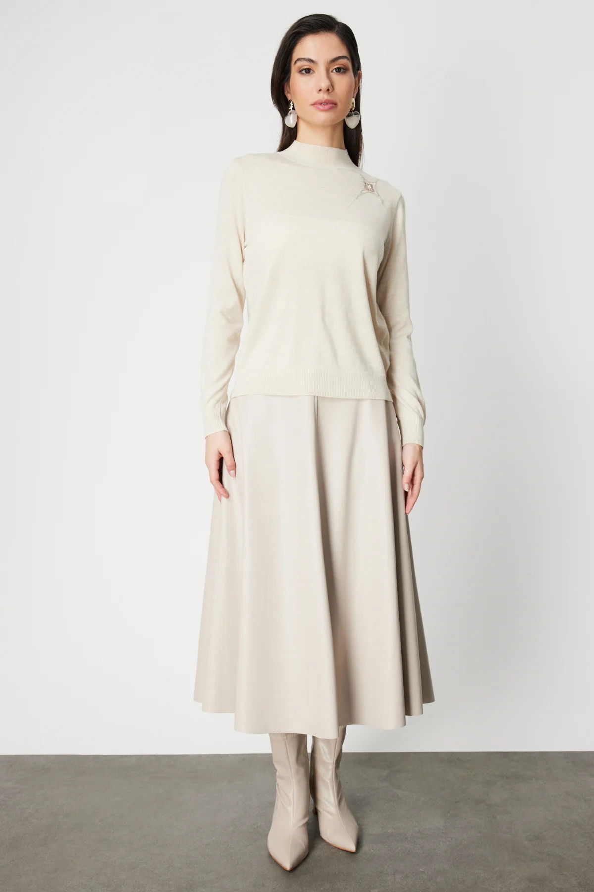 On Kadın Omzu Taş Detaylı Triko Kazak 60453 Ekru - 3