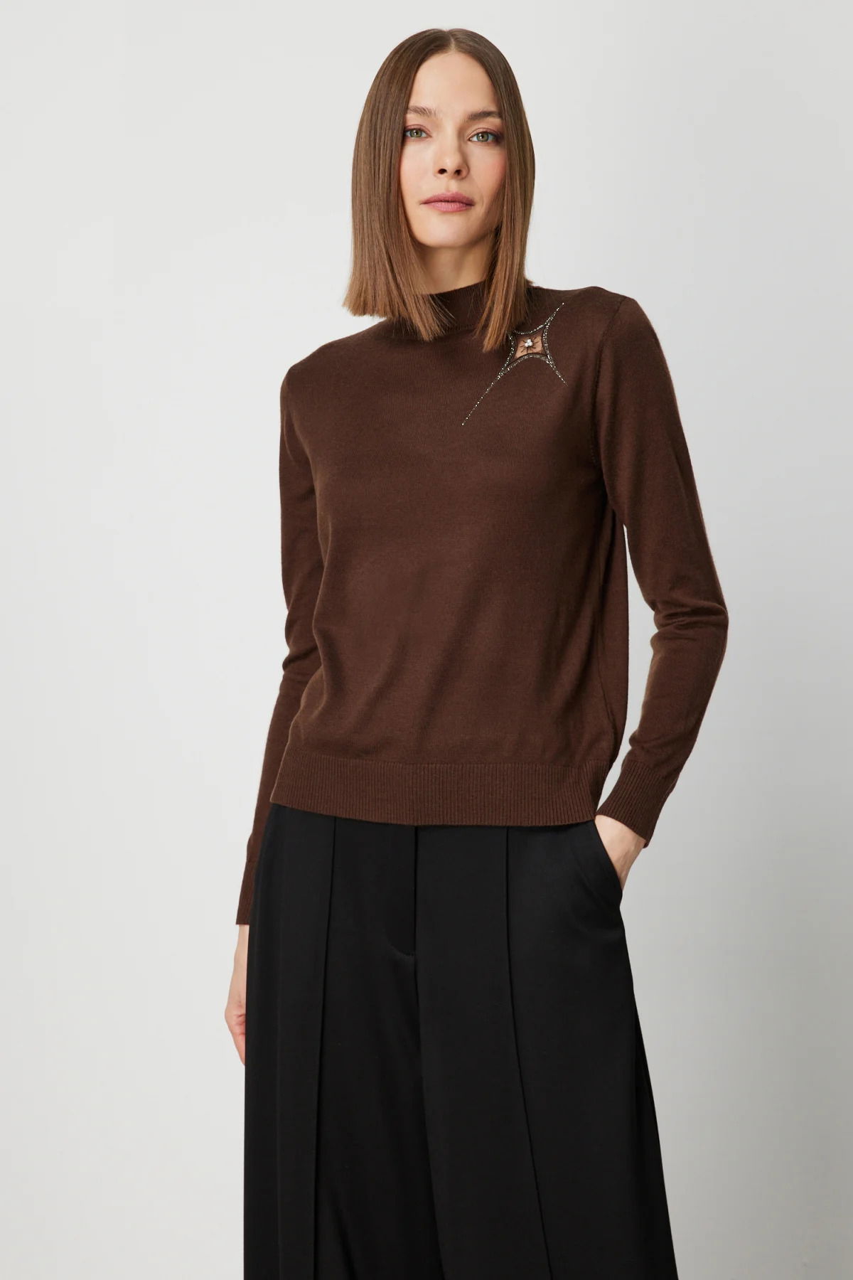 On Kadın Omzu Taş Detaylı Triko Kazak 60453 Kahverengi - 1