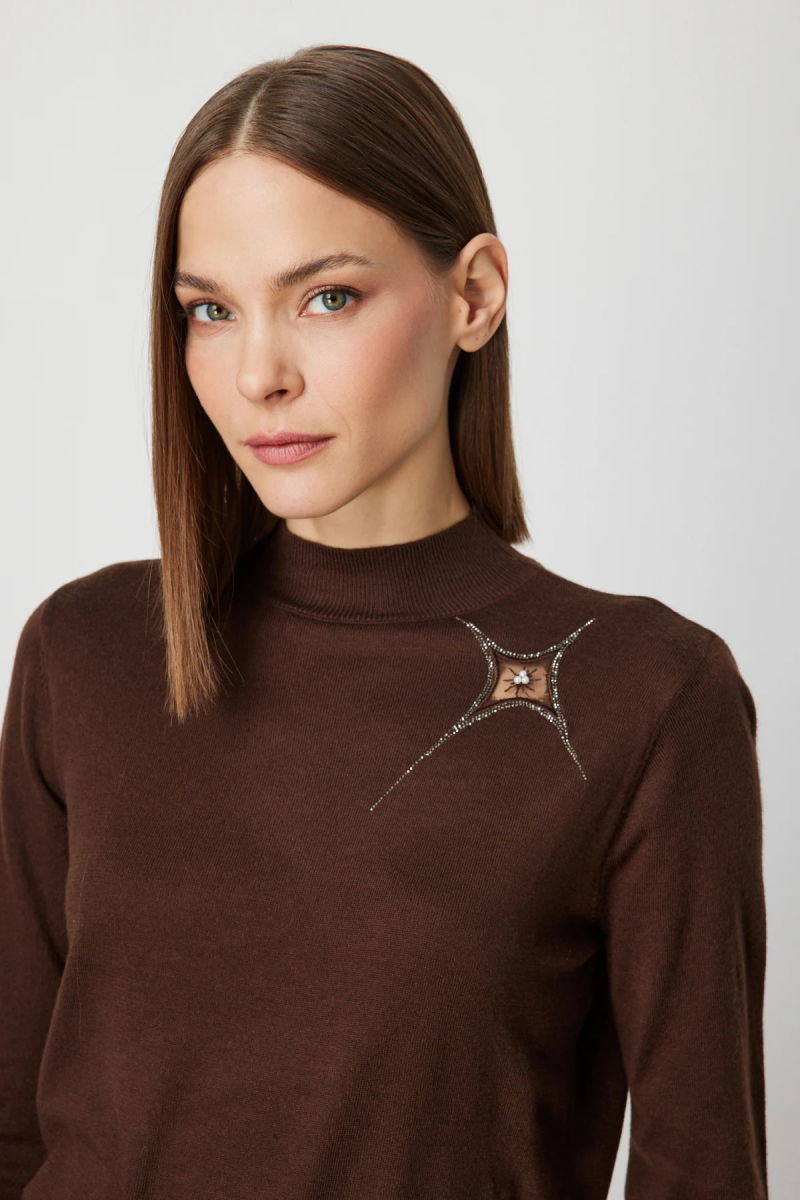 On Kadın Omzu Taş Detaylı Triko Kazak 60453 Kahverengi - 2