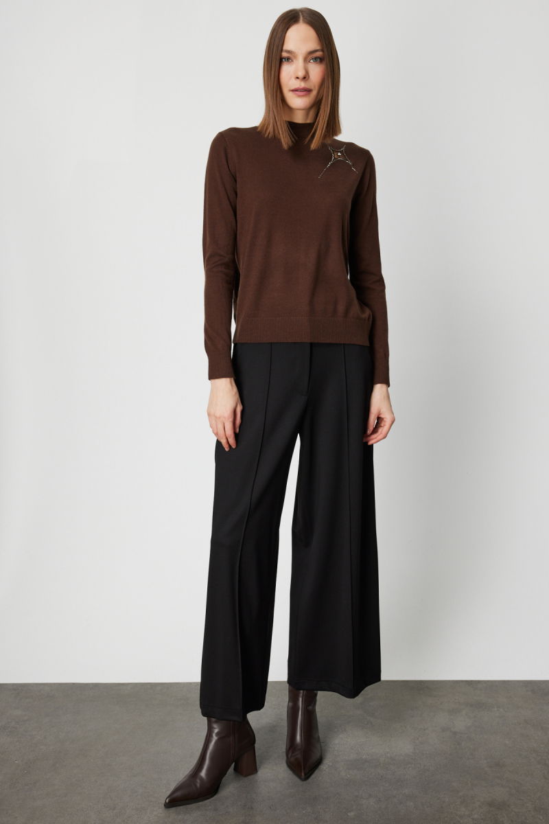 On Kadın Omzu Taş Detaylı Triko Kazak 60453 Kahverengi - 3