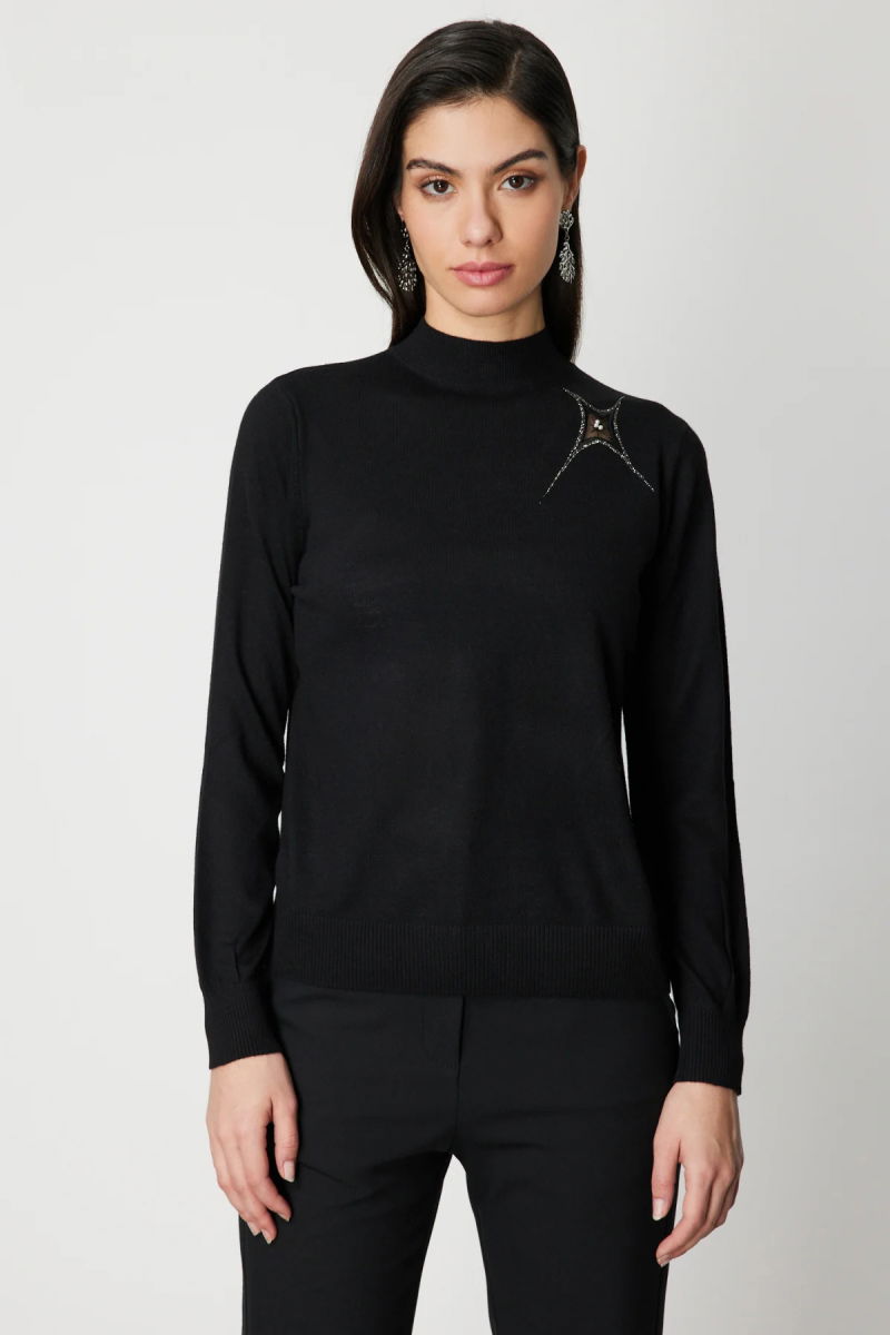 On Kadın Omzu Taş Detaylı Triko Kazak 60453 Siyah 