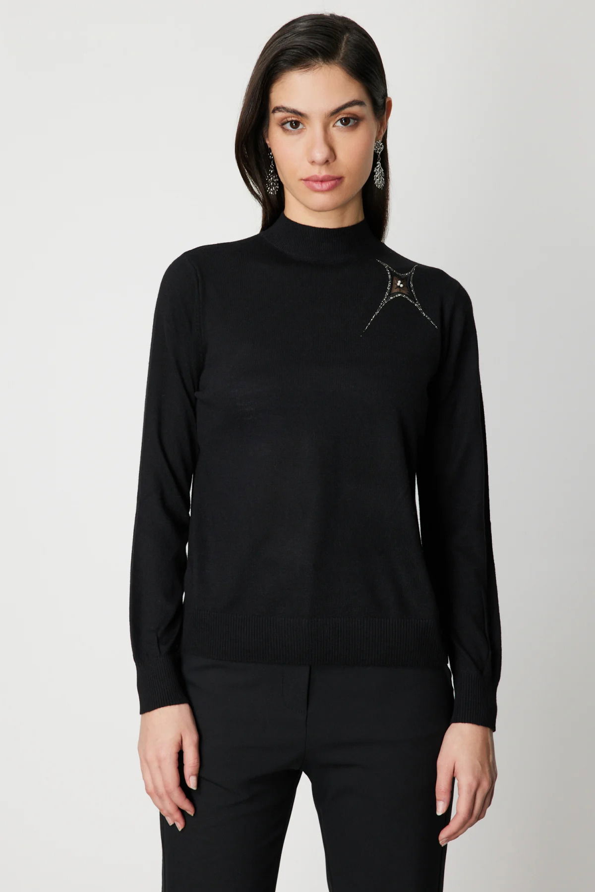 On Kadın Omzu Taş Detaylı Triko Kazak 60453 Siyah - 1