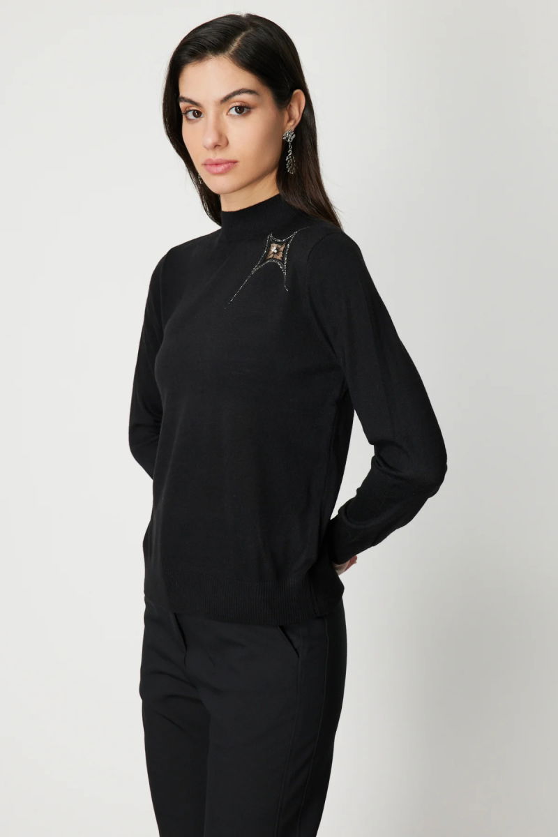 On Kadın Omzu Taş Detaylı Triko Kazak 60453 Siyah - 2