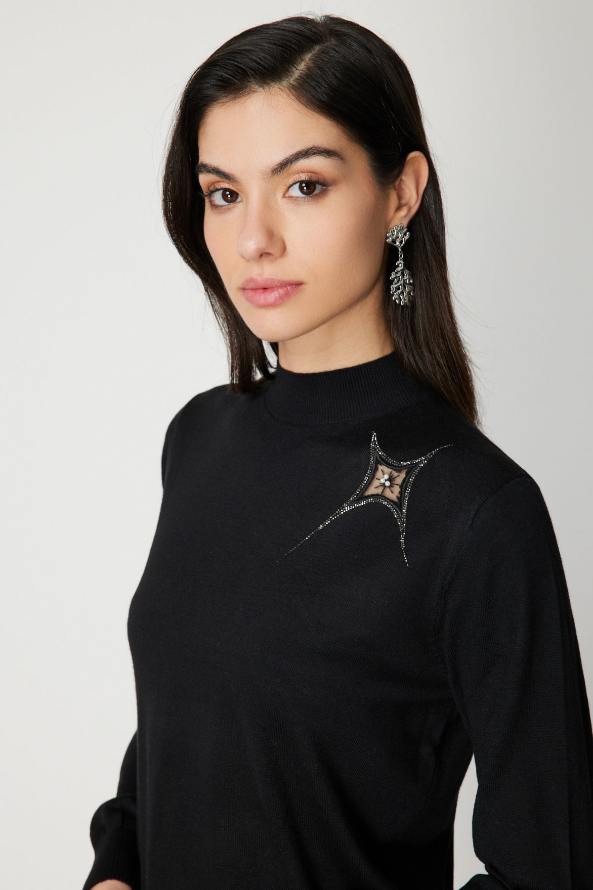 On Kadın Omzu Taş Detaylı Triko Kazak 60453 Siyah - 3