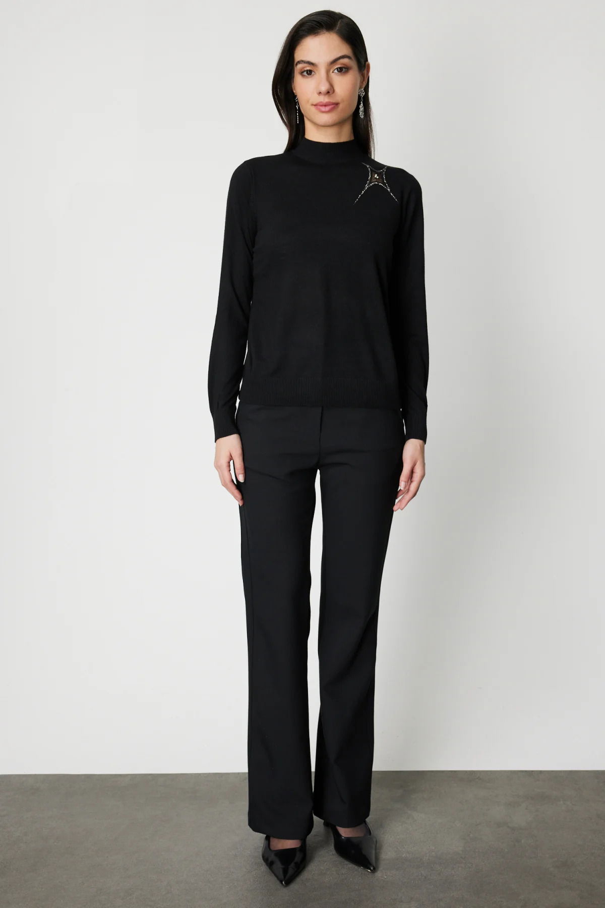 On Kadın Omzu Taş Detaylı Triko Kazak 60453 Siyah - 4