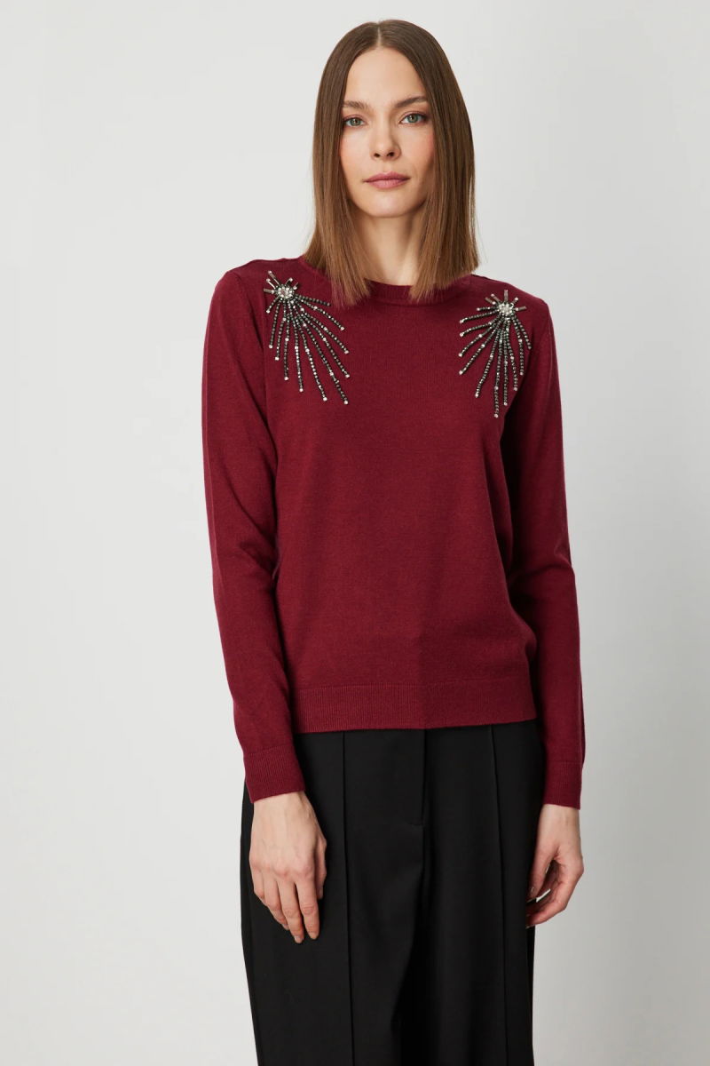 On Kadın Omzu Taş Detaylı Triko Kazak 63314 Bordo - On