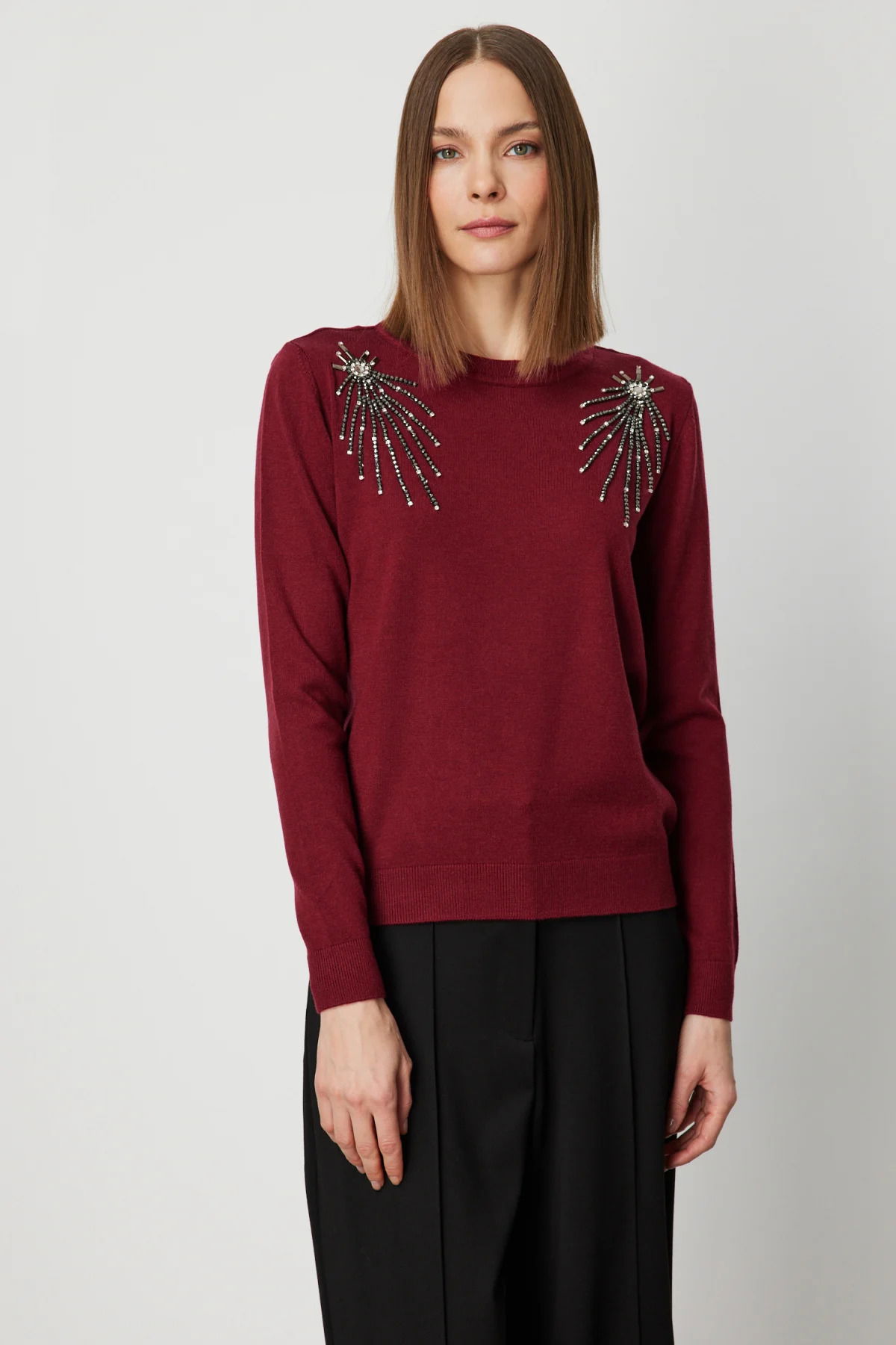 On Kadın Omzu Taş Detaylı Triko Kazak 63314 Bordo - 1