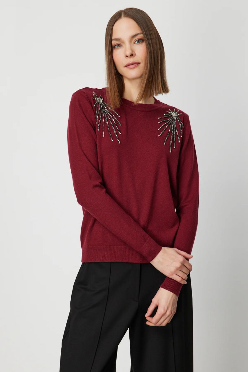 On Kadın Omzu Taş Detaylı Triko Kazak 63314 Bordo - 2