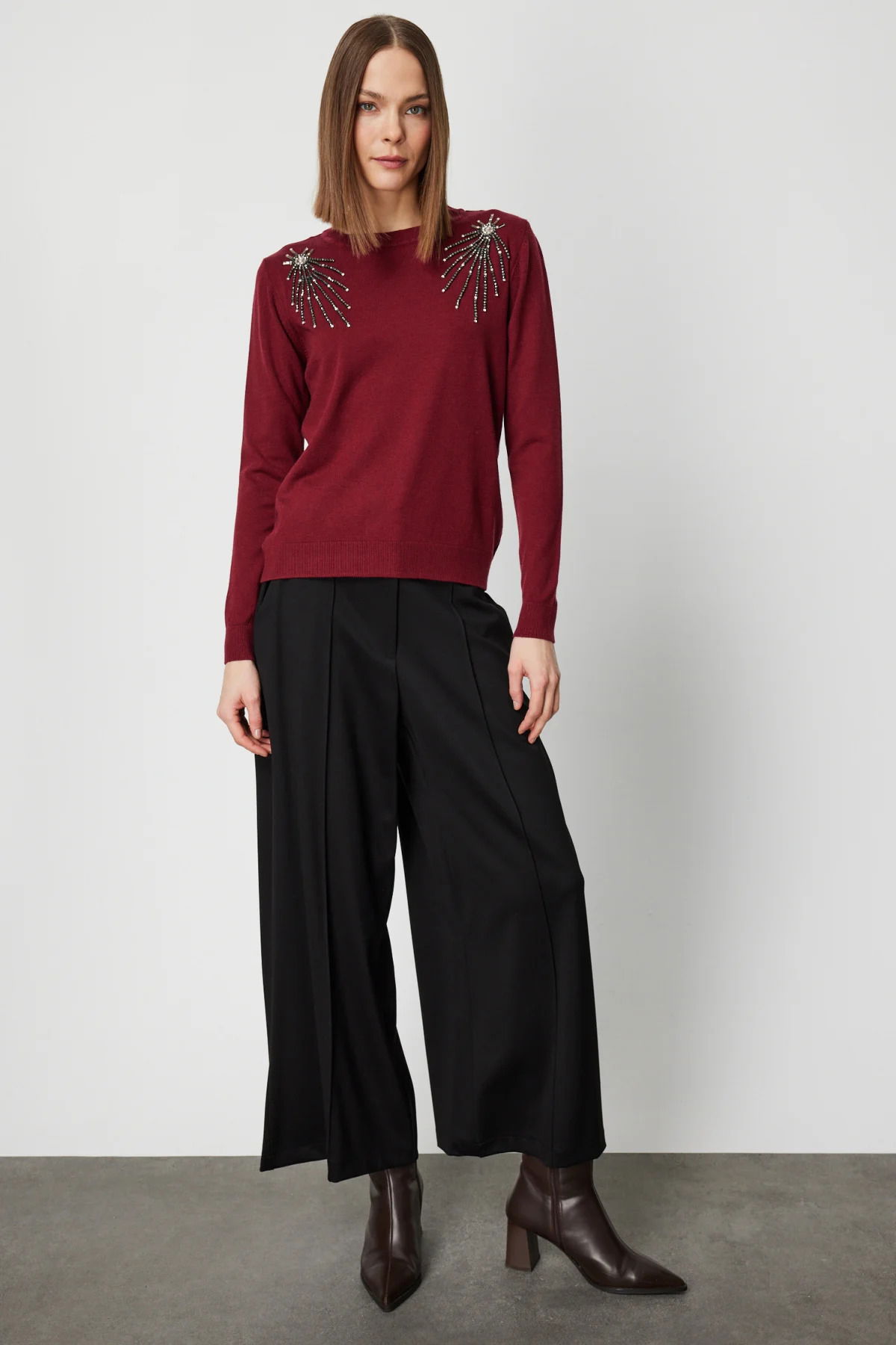 On Kadın Omzu Taş Detaylı Triko Kazak 63314 Bordo - 3