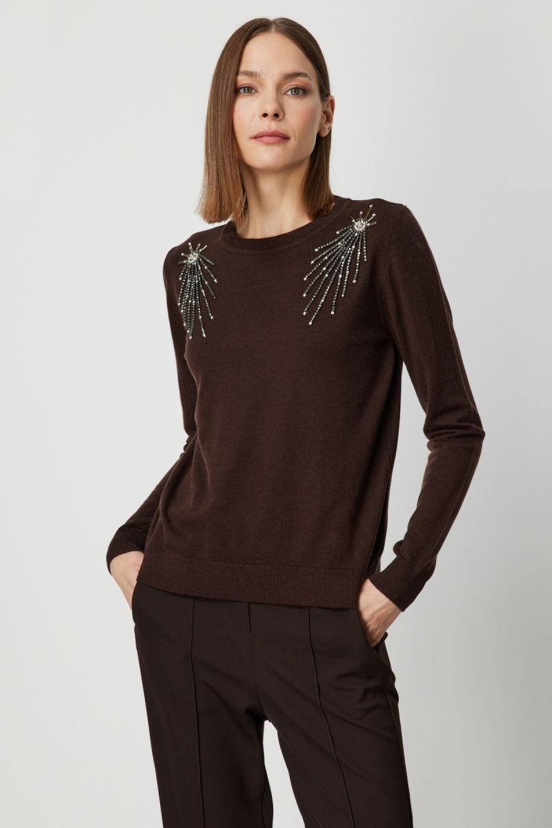 On Kadın Omzu Taş Detaylı Triko Kazak 63314 Kahverengi - 2