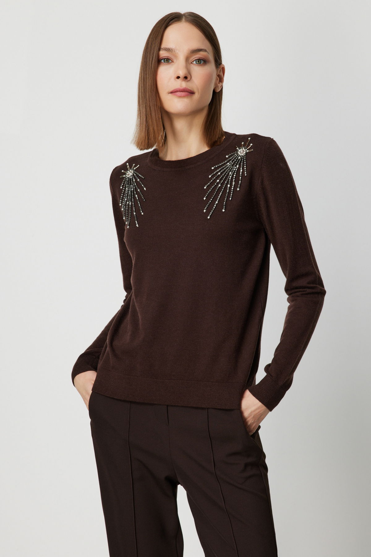 On Kadın Omzu Taş Detaylı Triko Kazak 63314 Kahverengi - 2