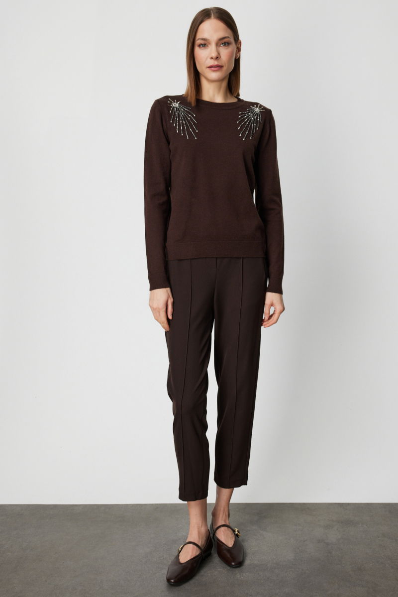 On Kadın Omzu Taş Detaylı Triko Kazak 63314 Kahverengi - 3