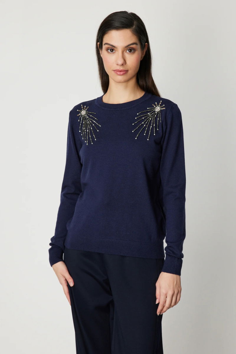 On Kadın Omzu Taş Detaylı Triko Kazak 63314 Lacivert - 2