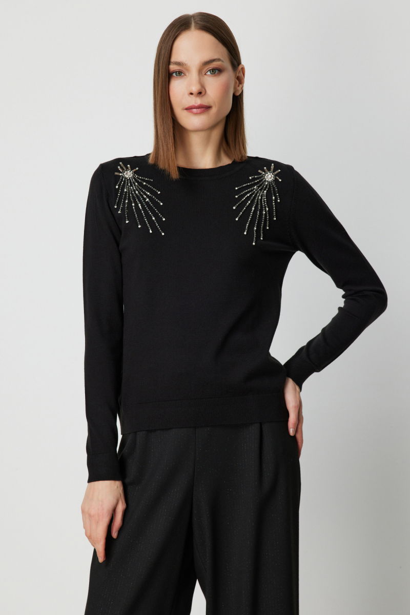 On Kadın Omzu Taş Detaylı Triko Kazak 63314 Siyah - On