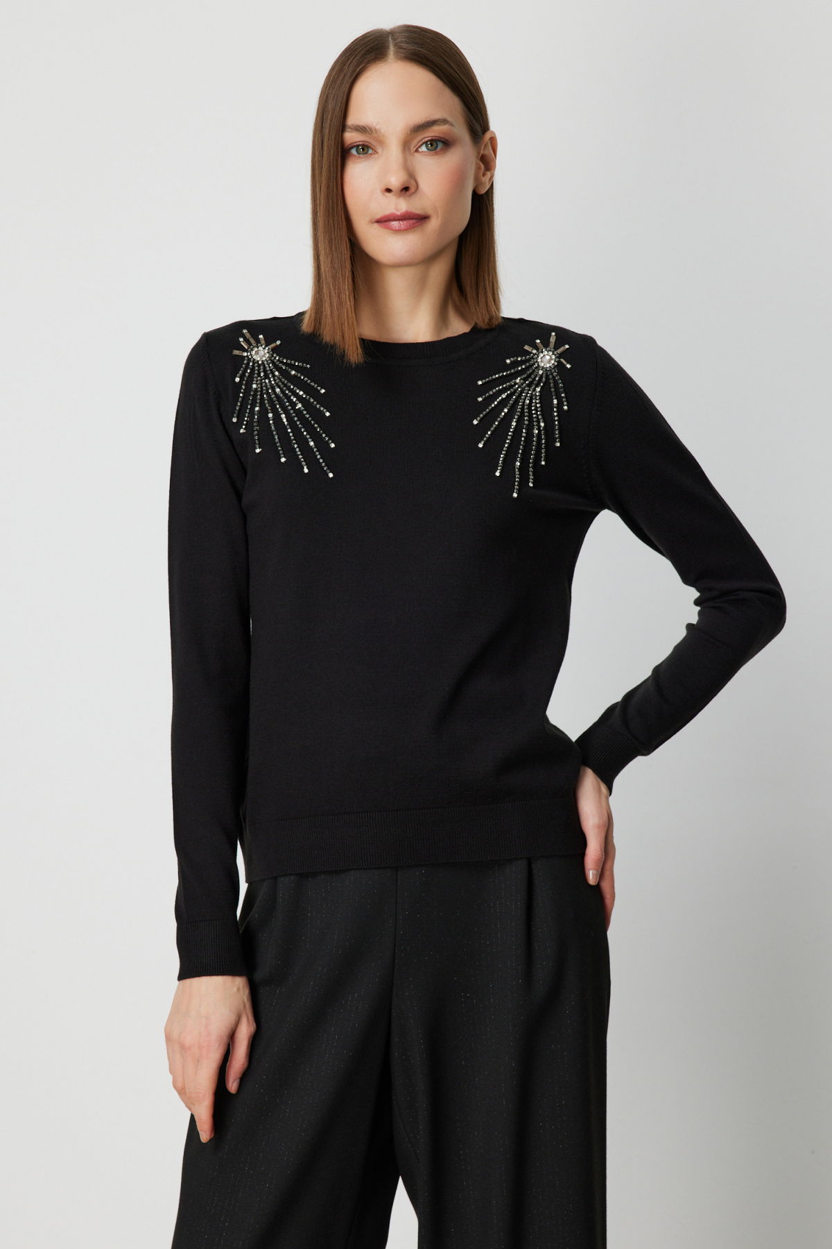 On Kadın Omzu Taş Detaylı Triko Kazak 63314 Siyah - 1