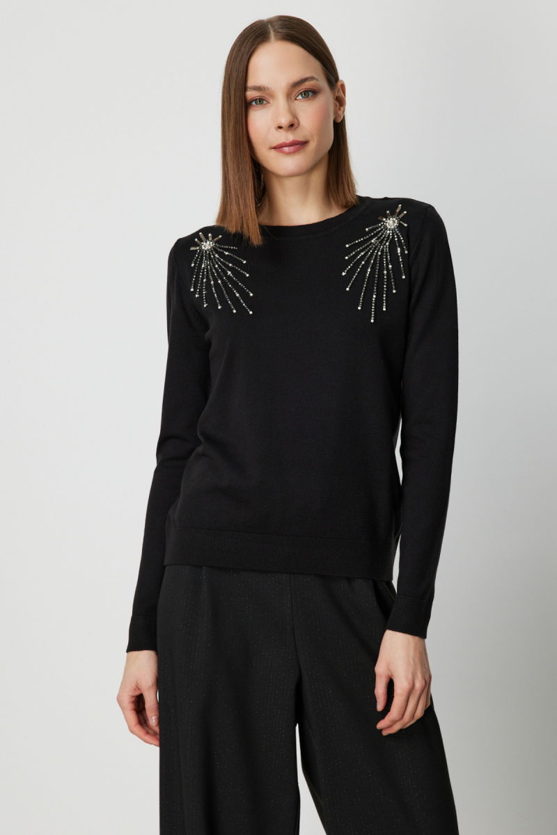 On Kadın Omzu Taş Detaylı Triko Kazak 63314 Siyah - 2