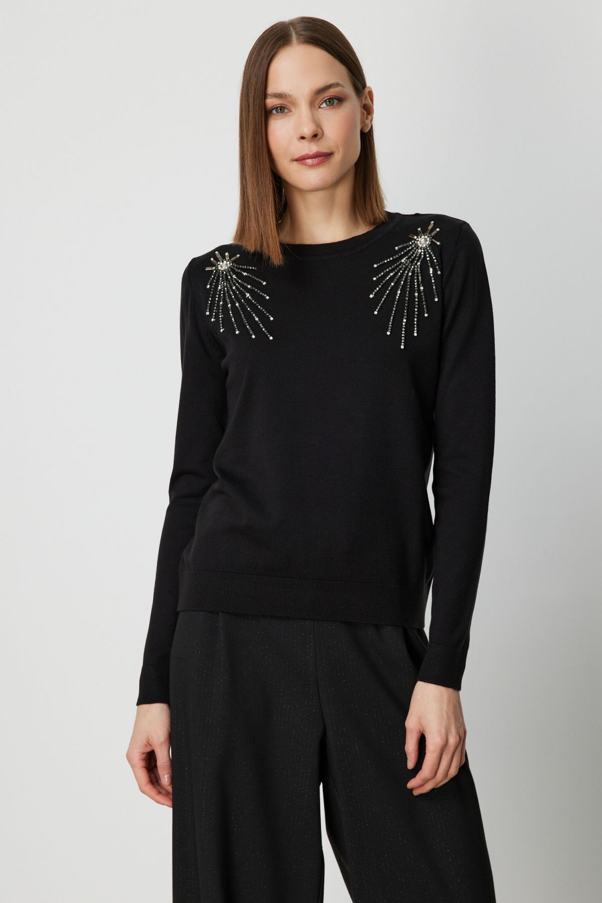 On Kadın Omzu Taş Detaylı Triko Kazak 63314 Siyah - 2