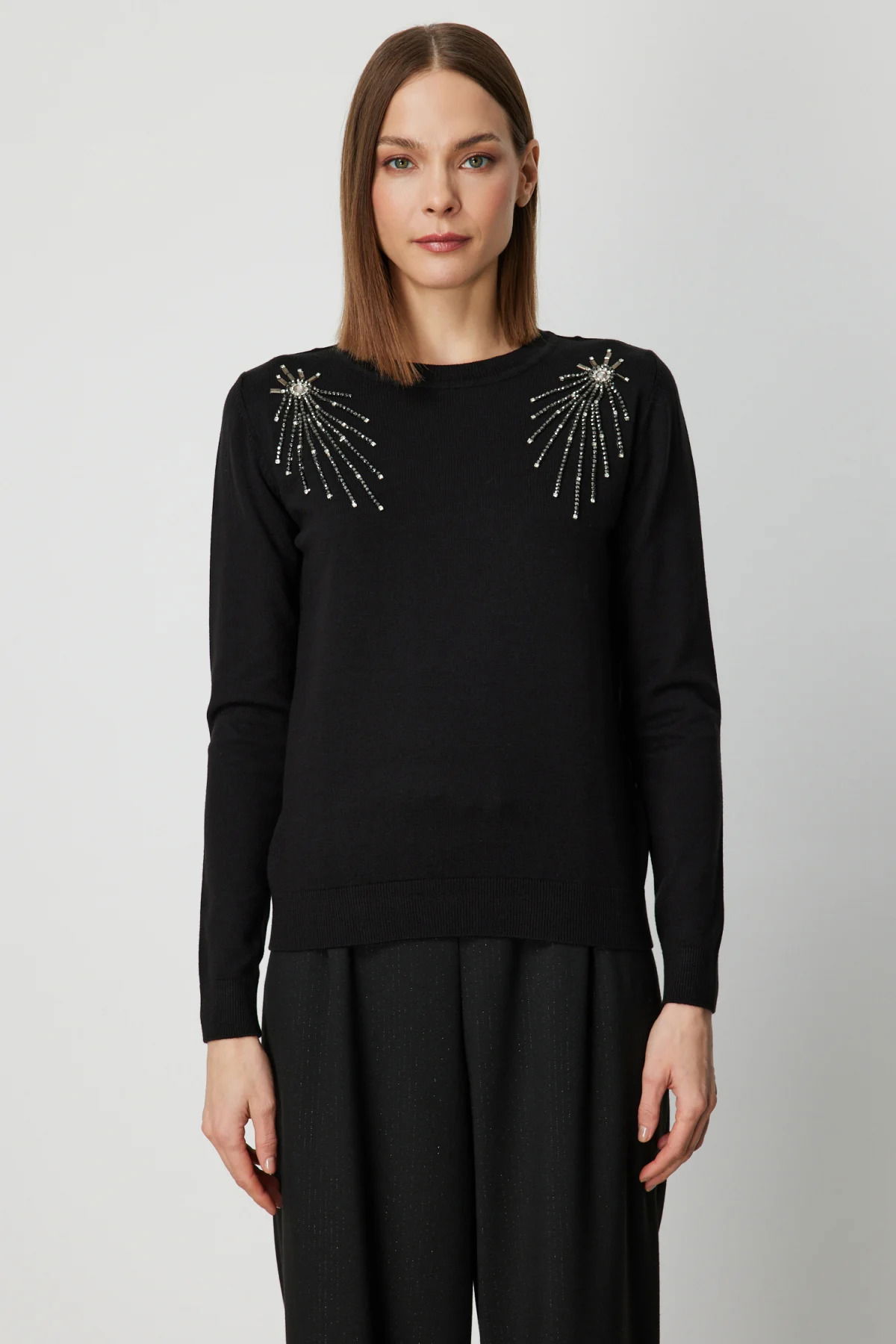 On Kadın Omzu Taş Detaylı Triko Kazak 63314 Siyah - 3