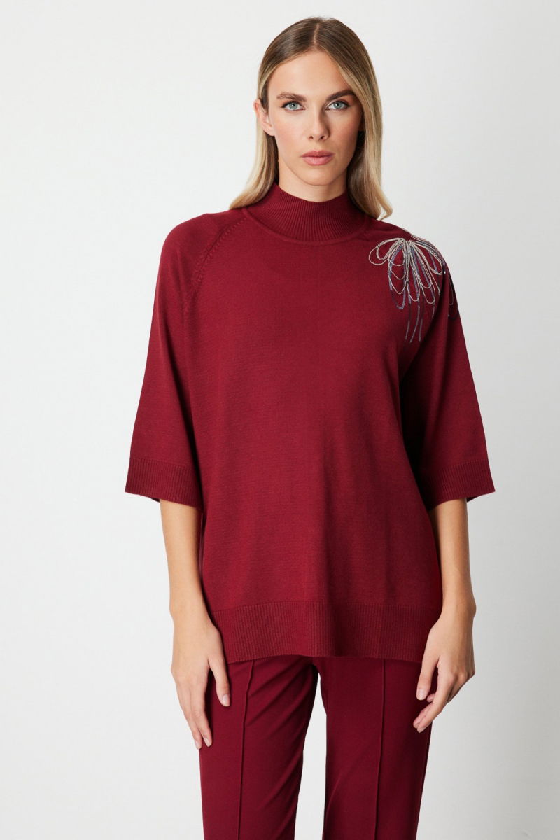 On Kadın Omzu Zincir İşlemeli Triko Kazak 65381 Bordo - On