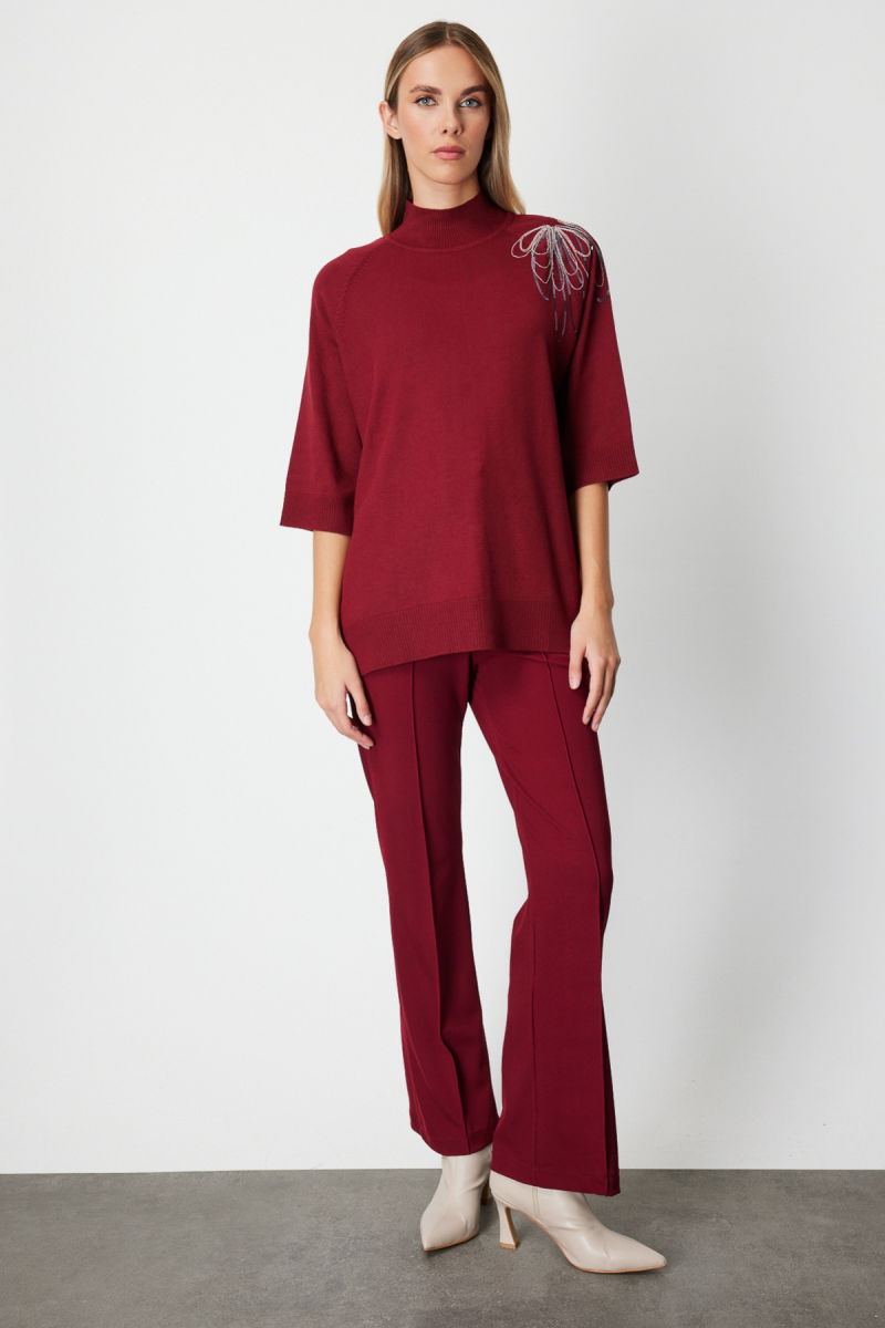 On Kadın Omzu Zincir İşlemeli Triko Kazak 65381 Bordo - 3