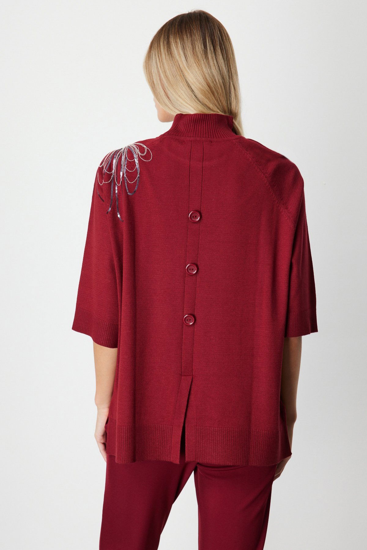 On Kadın Omzu Zincir İşlemeli Triko Kazak 65381 Bordo - 4