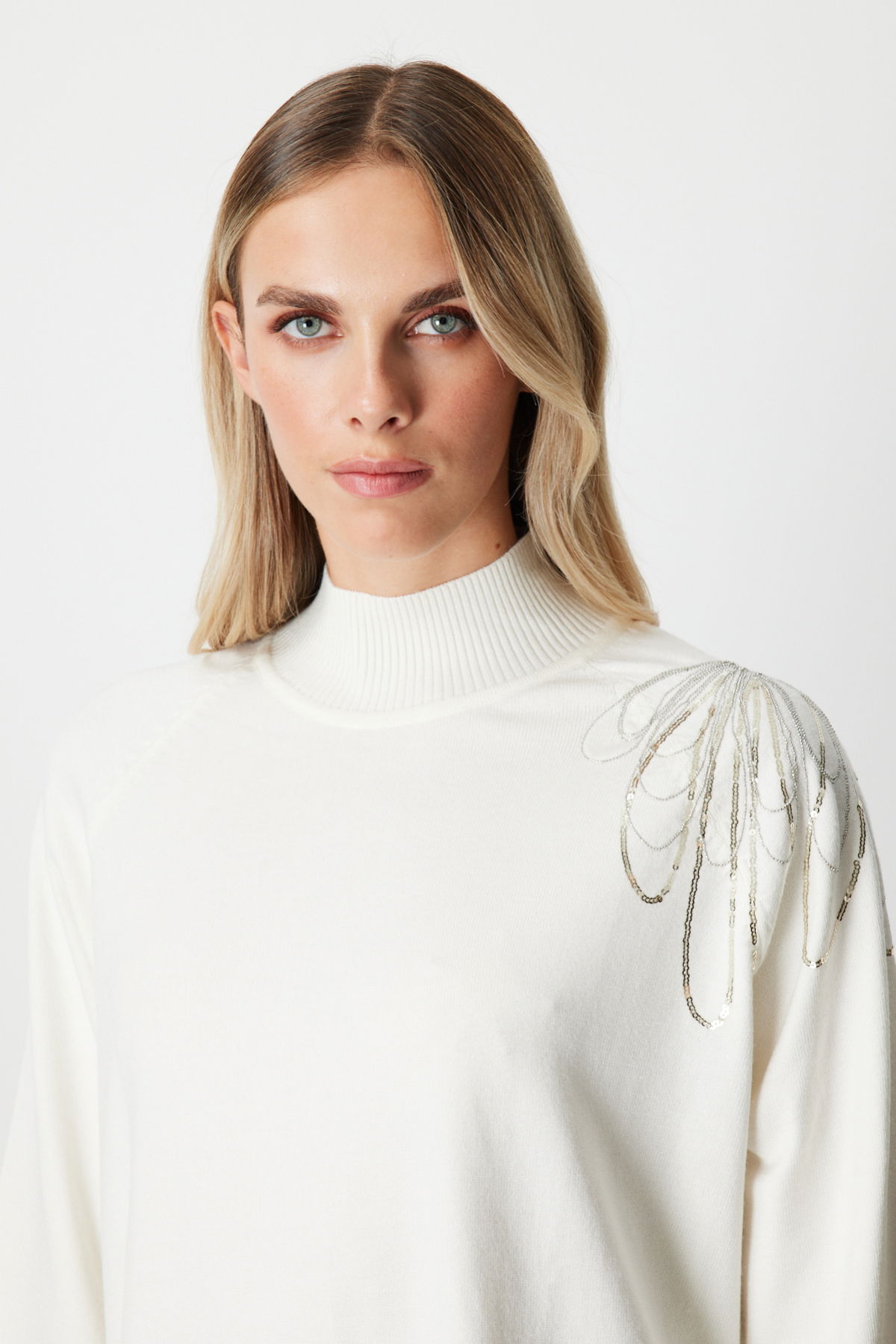 On Kadın Omzu Zincir İşlemeli Triko Kazak 65381 Ekru - 2
