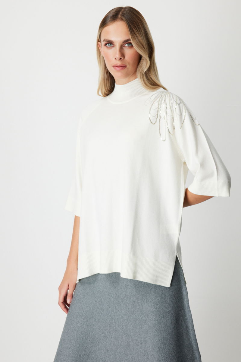 On Kadın Omzu Zincir İşlemeli Triko Kazak 65381 Ekru - 3