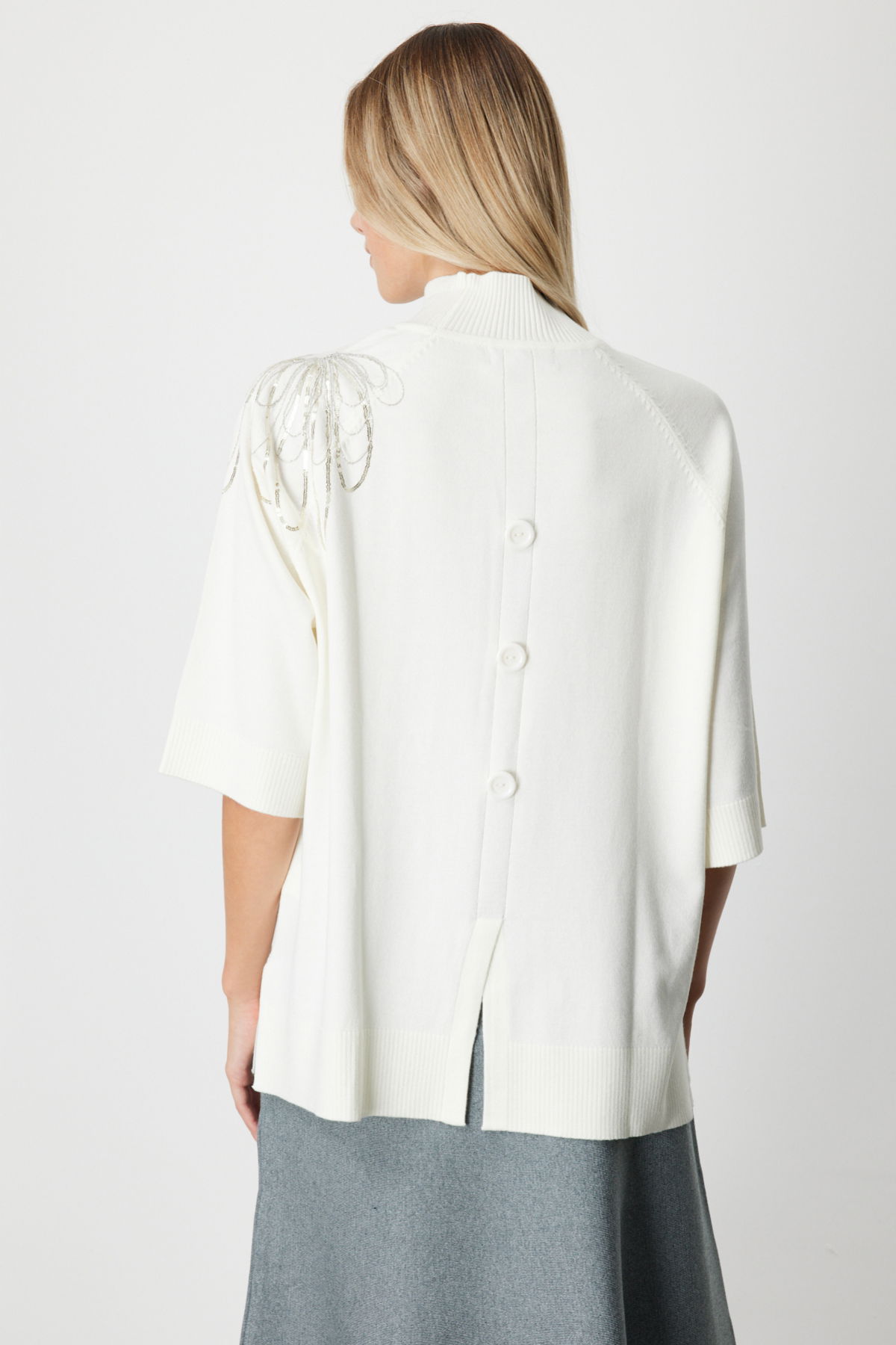 On Kadın Omzu Zincir İşlemeli Triko Kazak 65381 Ekru - 4