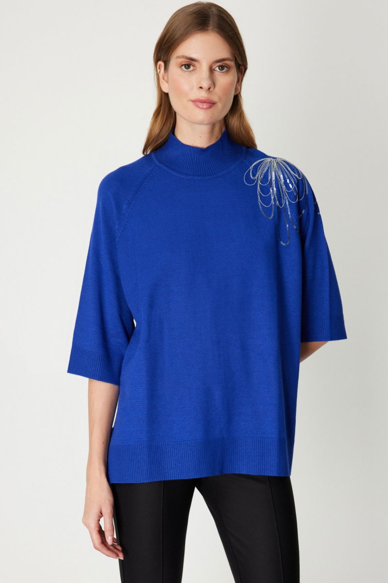 On Kadın Omzu Zincir İşlemeli Triko Kazak 65381 Saks - On