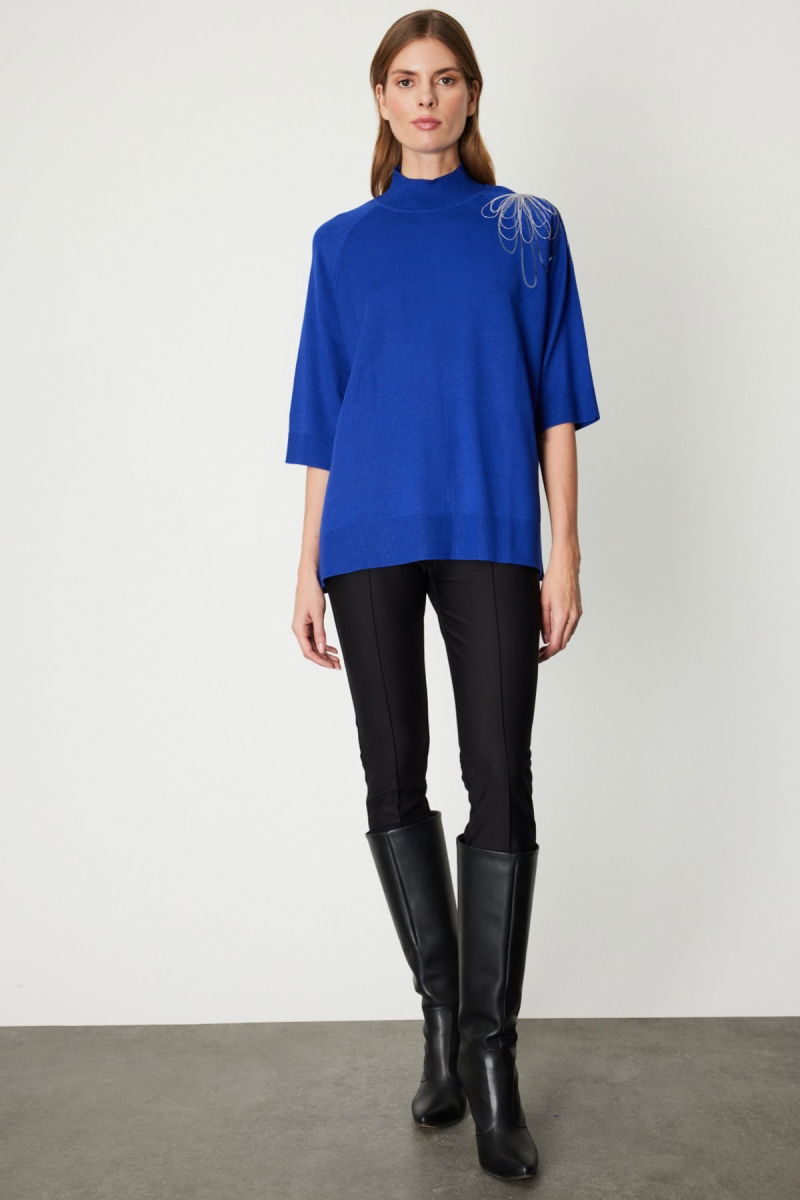 On Kadın Omzu Zincir İşlemeli Triko Kazak 65381 Saks - 3