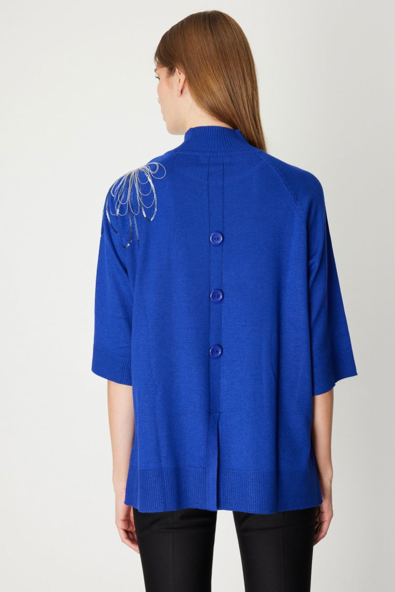 On Kadın Omzu Zincir İşlemeli Triko Kazak 65381 Saks - 4