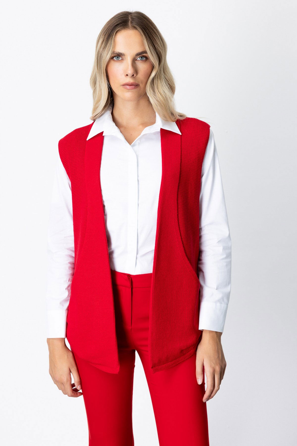 On Kadın Önü Açık Uzun Örme Yelek 65908 Kırmızı - 1