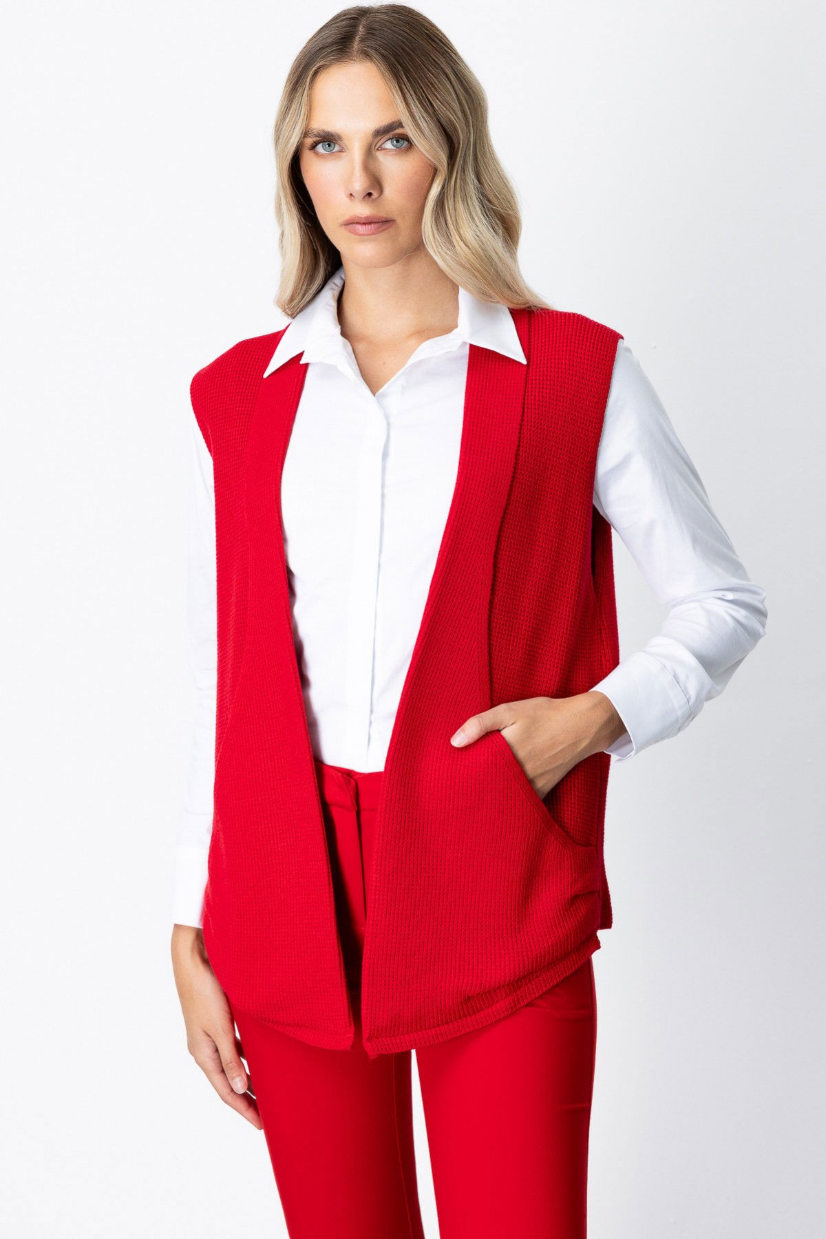 On Kadın Önü Açık Uzun Örme Yelek 65908 Kırmızı - 2