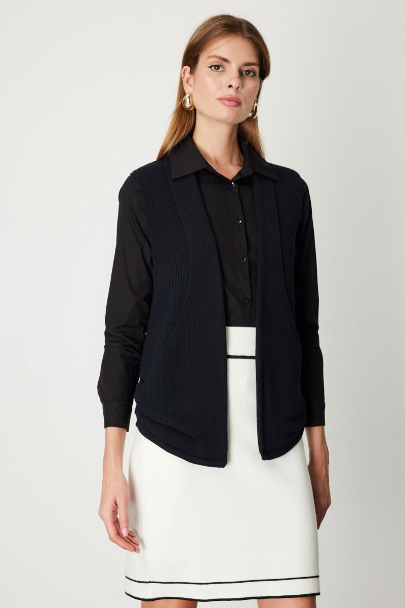 On Kadın Önü Açık Uzun Örme Yelek 65908 Siyah - On