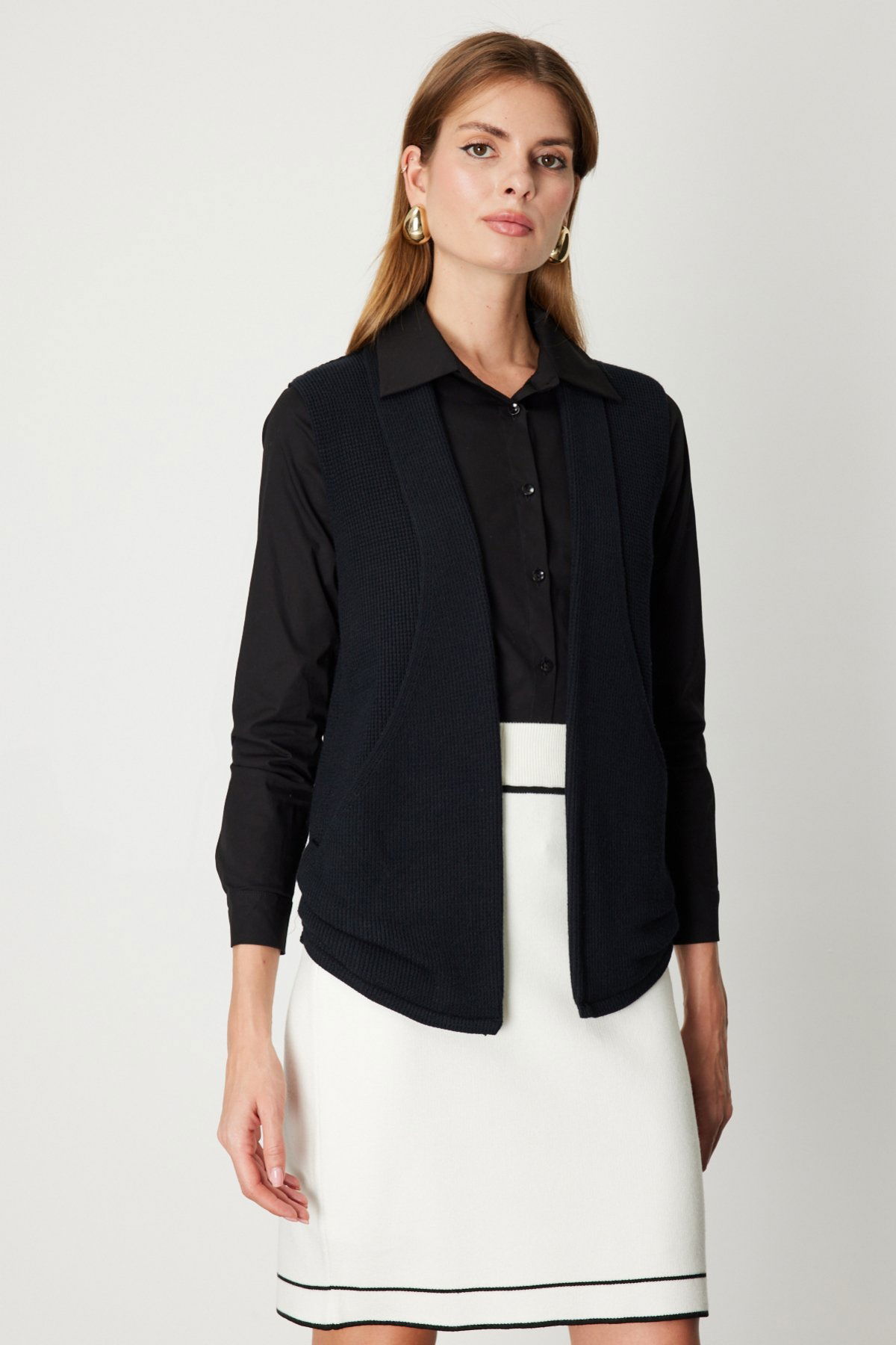 On Kadın Önü Açık Uzun Örme Yelek 65908 Siyah - 1