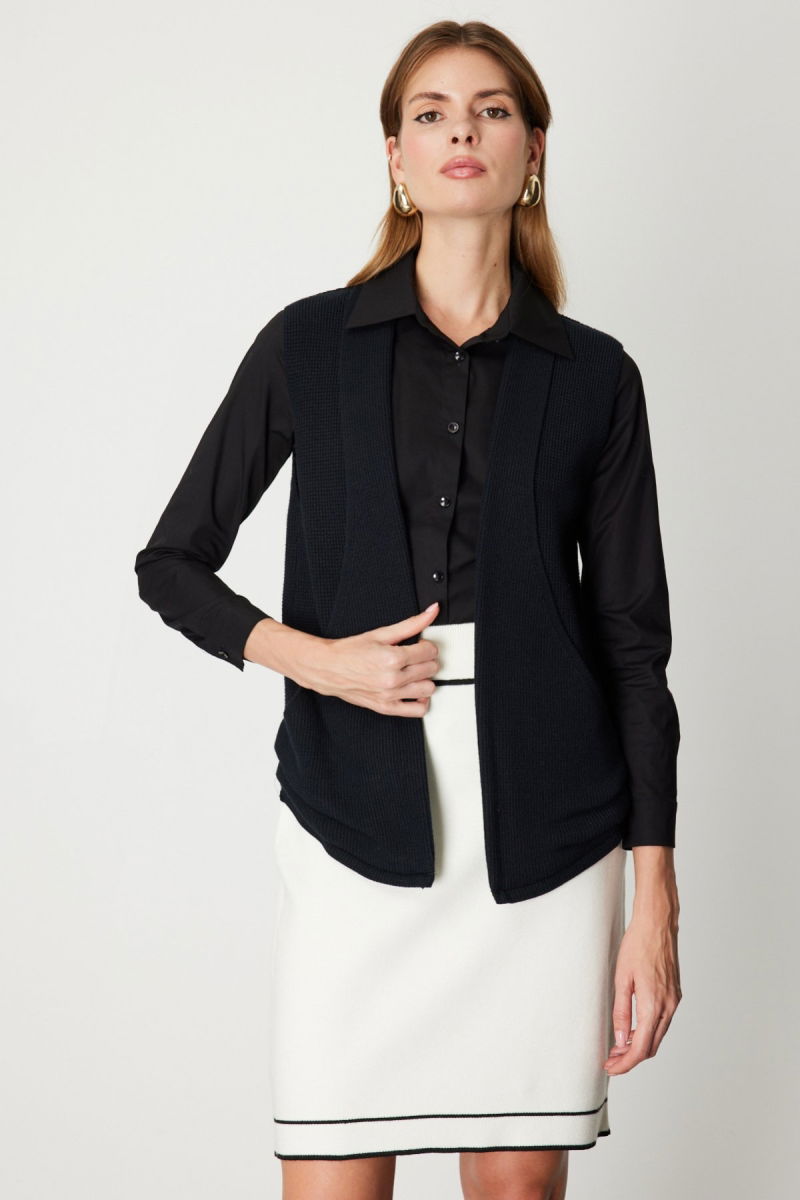 On Kadın Önü Açık Uzun Örme Yelek 65908 Siyah - 2