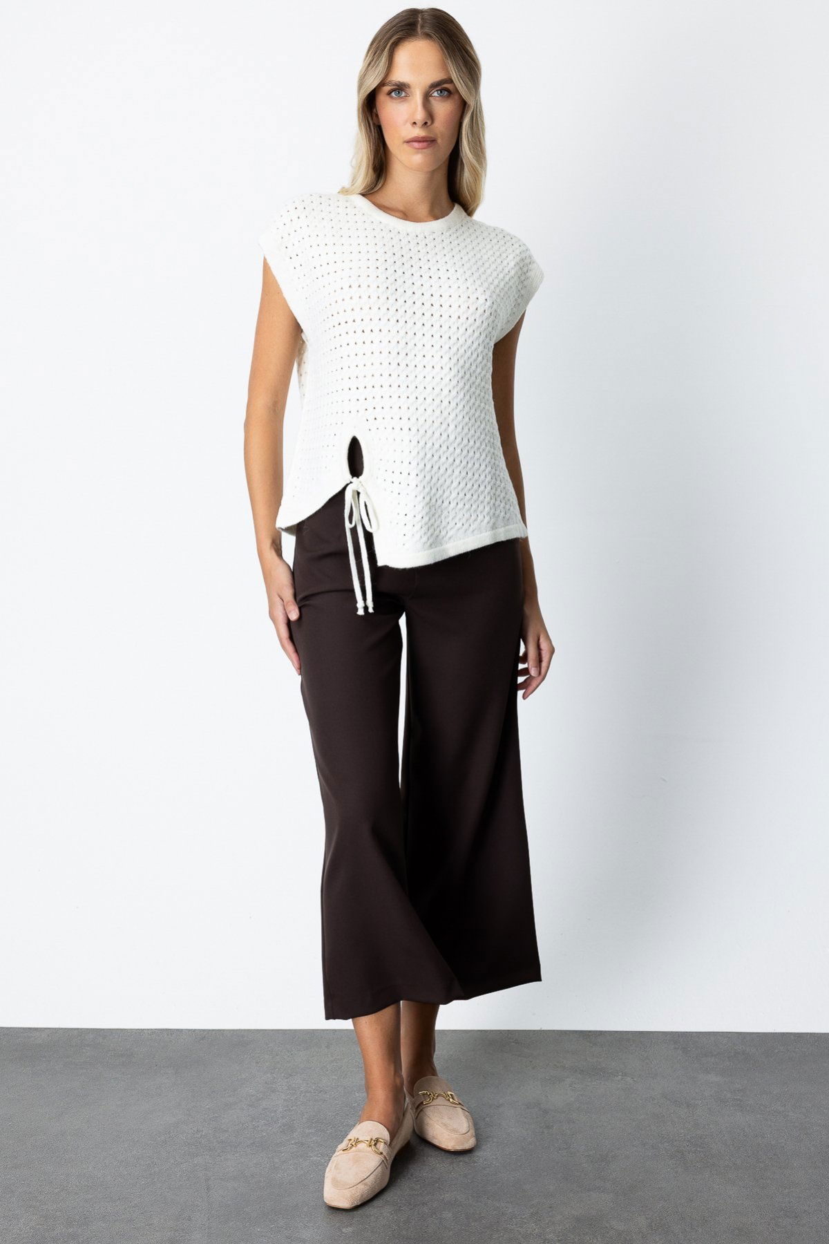 On Kadın Önü Bağlamalı Süveter 65337 Ekru - 3