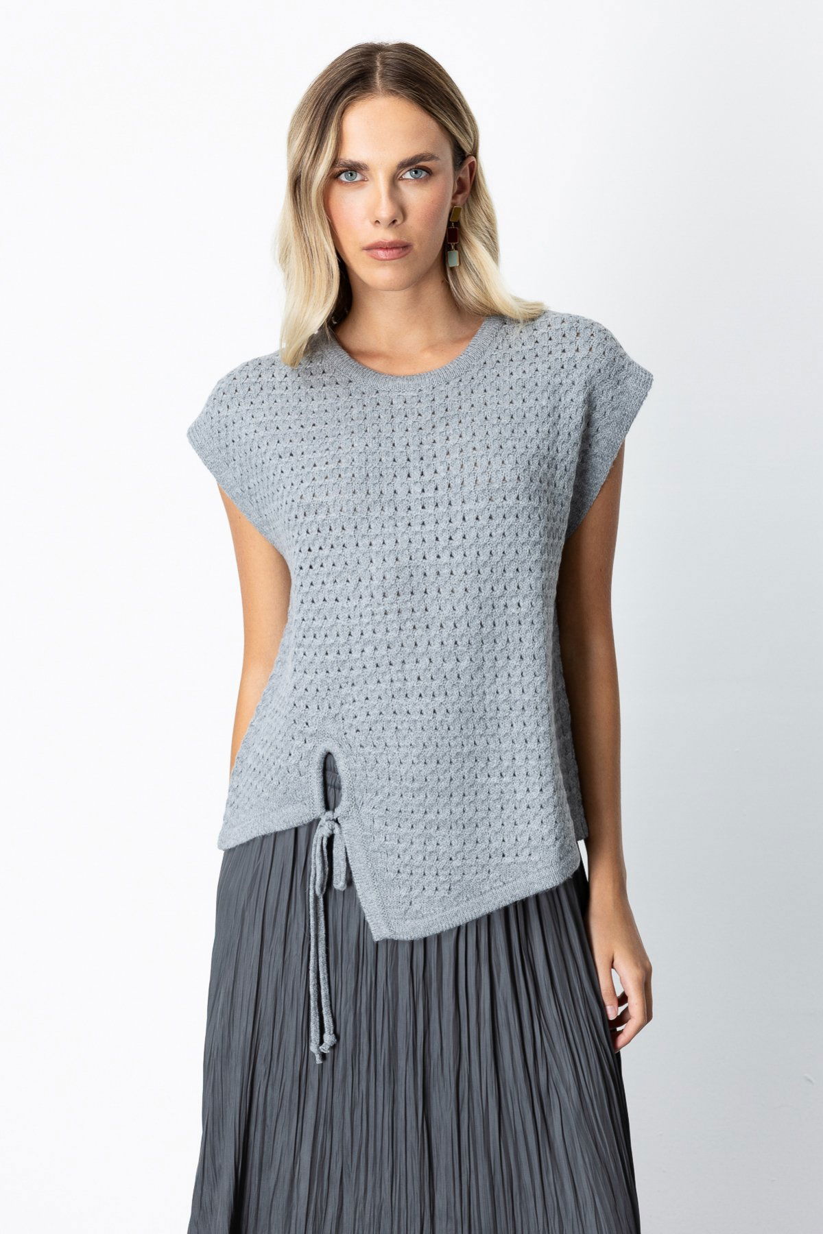 On Kadın Önü Bağlamalı Süveter 65337 Gri - 1