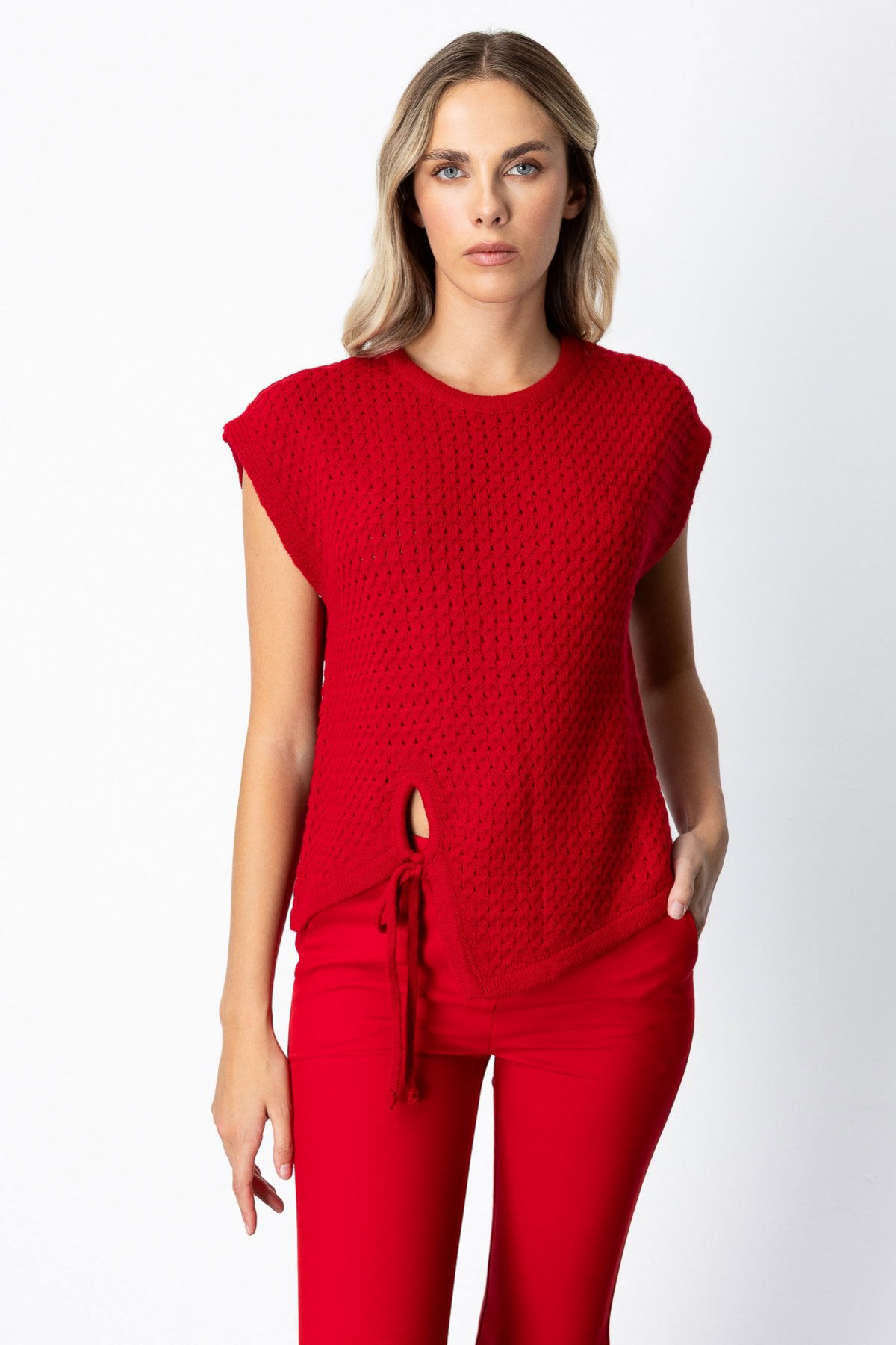 On Kadın Önü Bağlamalı Süveter 65337 Kırmızı - 1