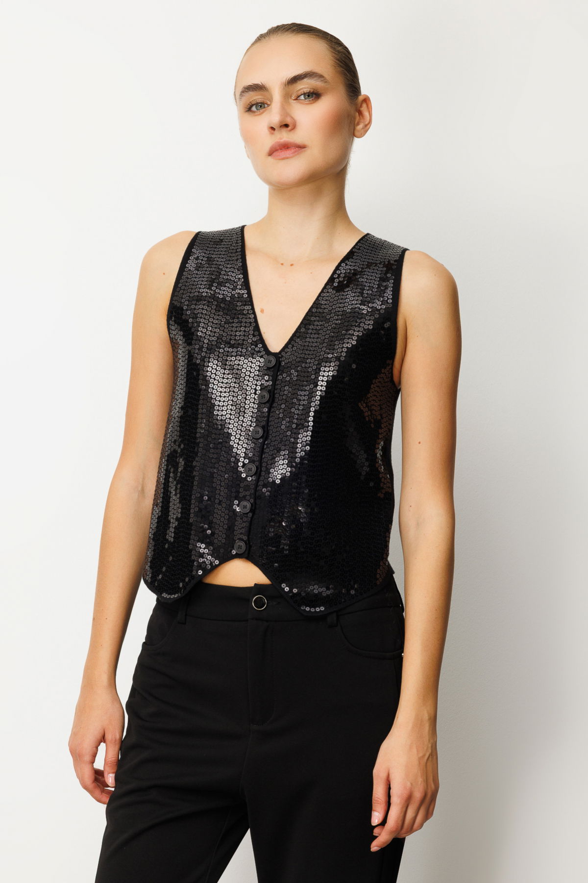 On Kadın Önü Pullu Triko Kumaş Yelek 60918 Siyah - 2