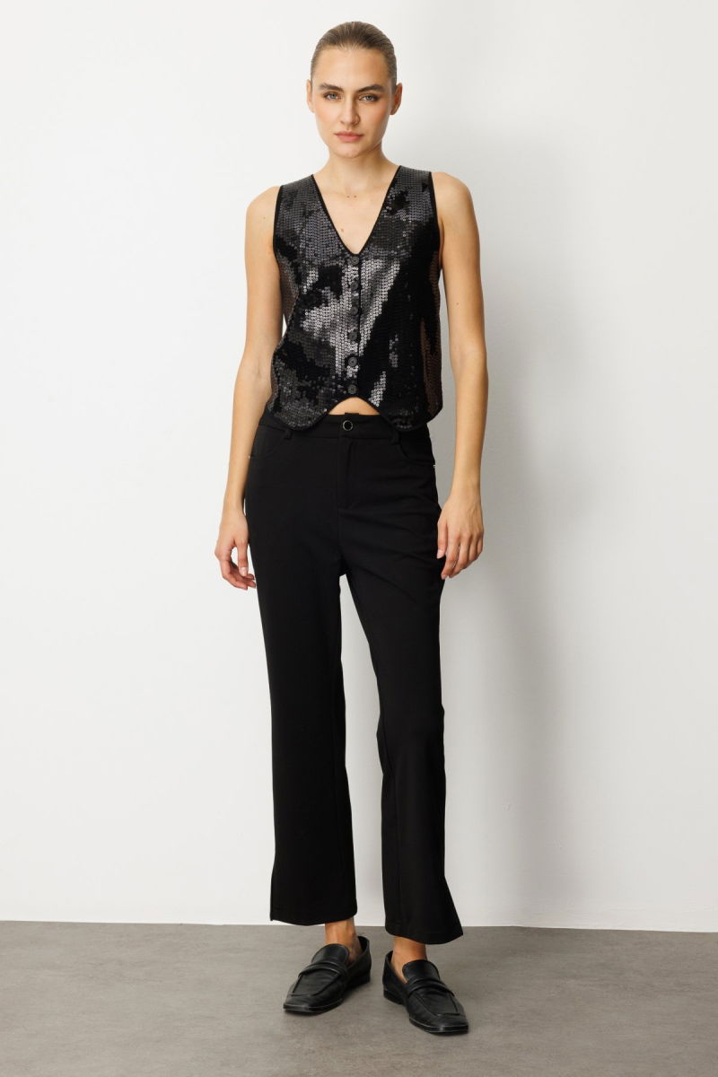 On Kadın Önü Pullu Triko Kumaş Yelek 60918 Siyah - 3