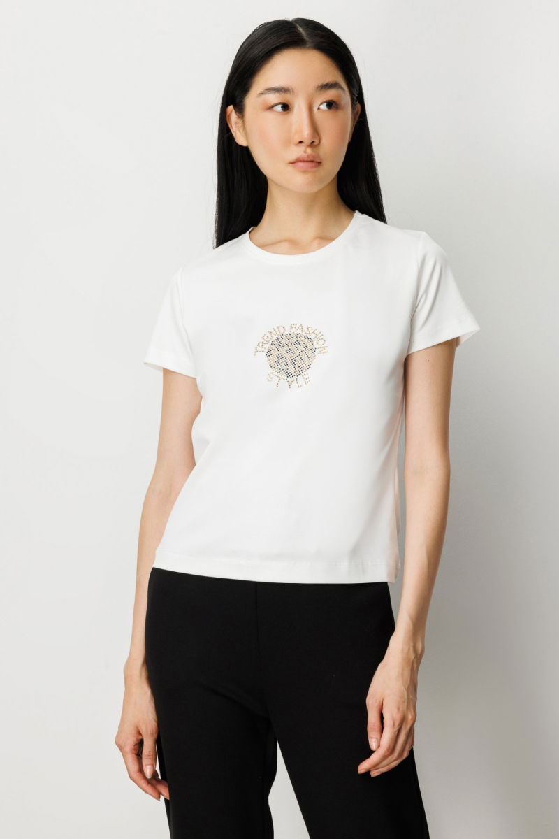 On Kadın Önü Taş Baskılı Kısa Kollu Bluz 61330 Ekru - On