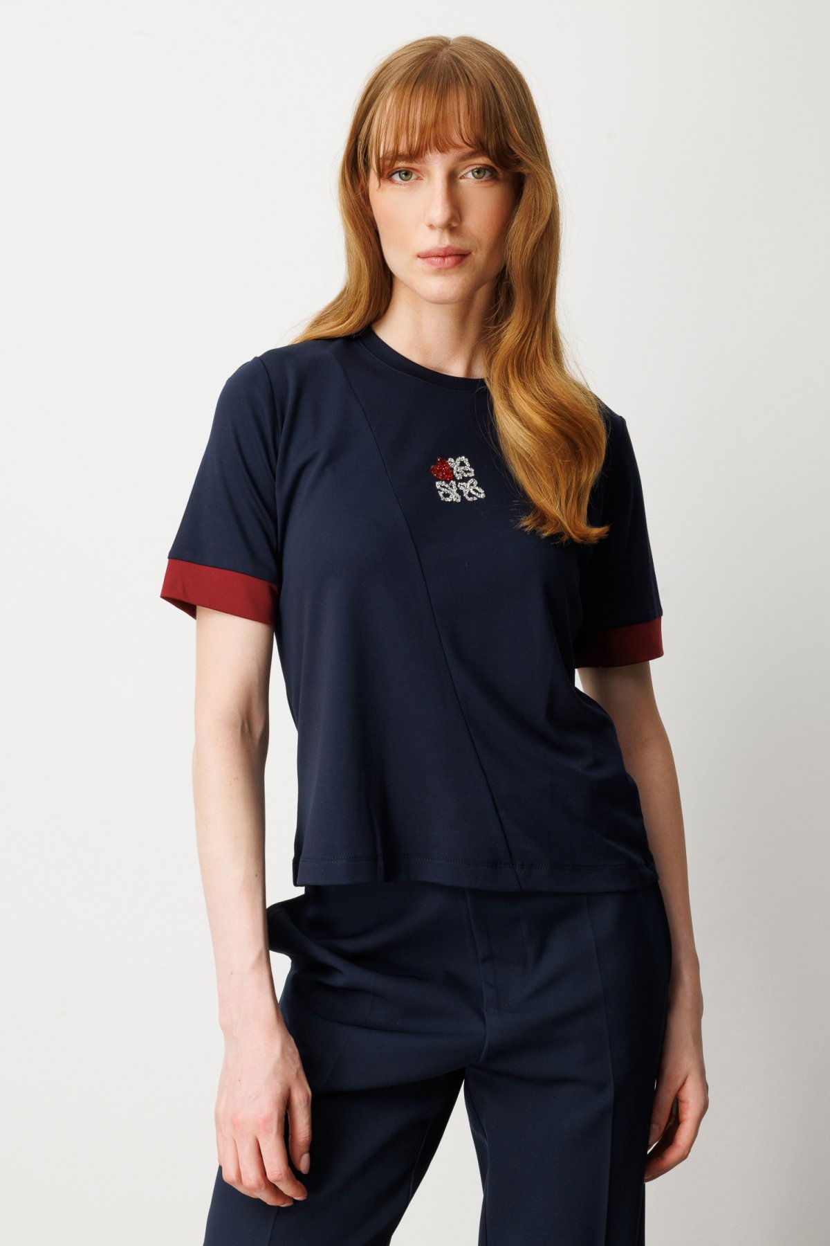 On Kadın Önü Taşlı Sıfır Yaka Bluz 61331 Laci-Bordo - 1