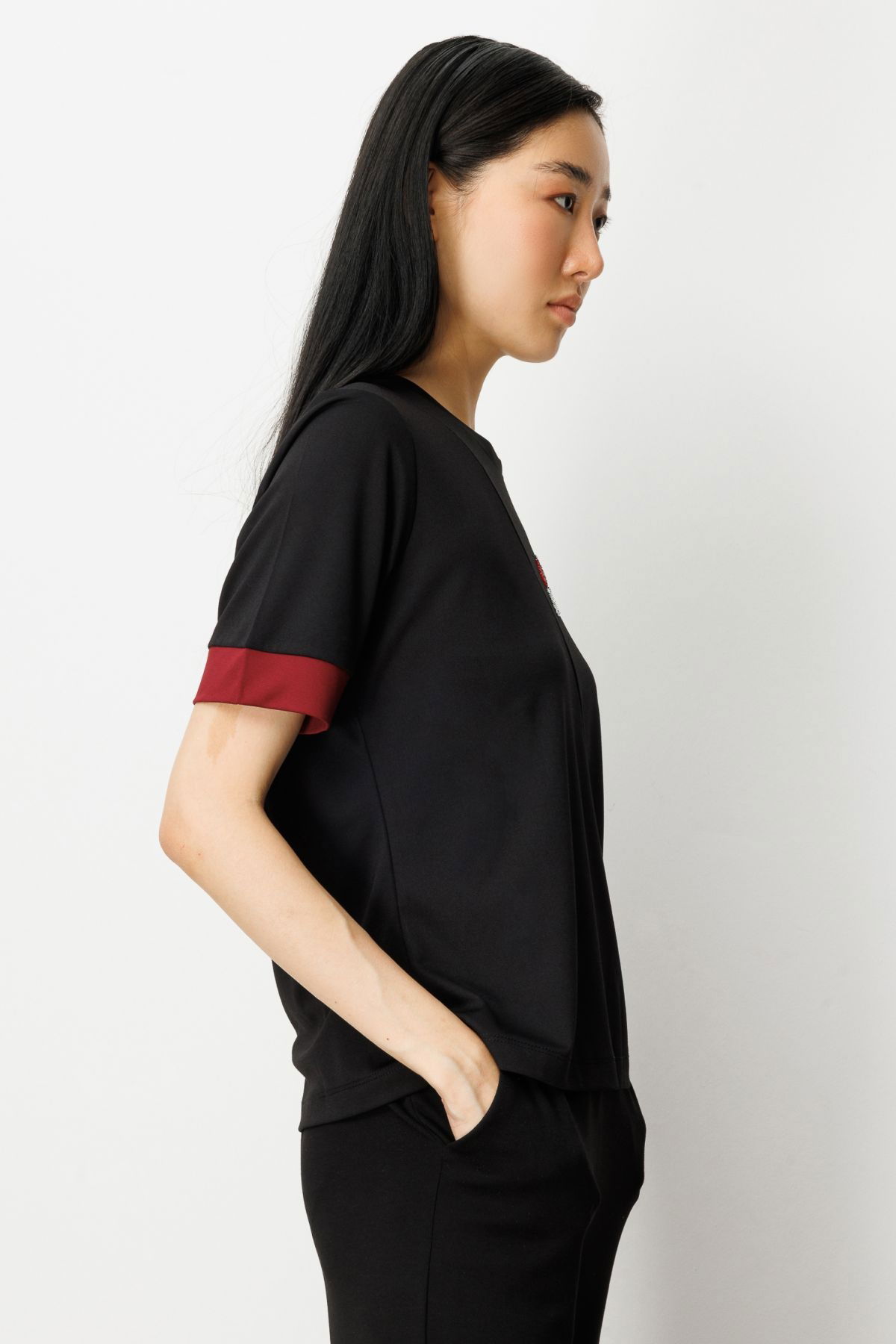 On Kadın Önü Taşlı Sıfır Yaka Bluz 61331 Siyah-Bordo - 2