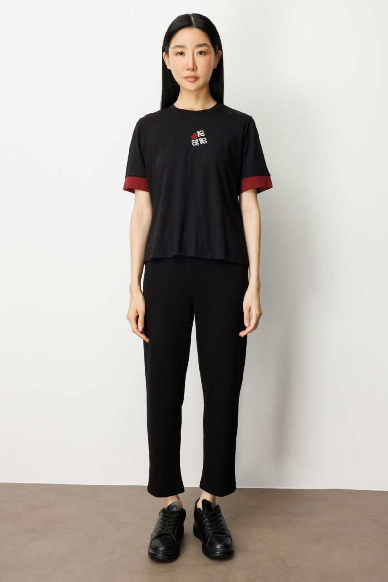 On Kadın Önü Taşlı Sıfır Yaka Bluz 61331 Siyah-Bordo - 3